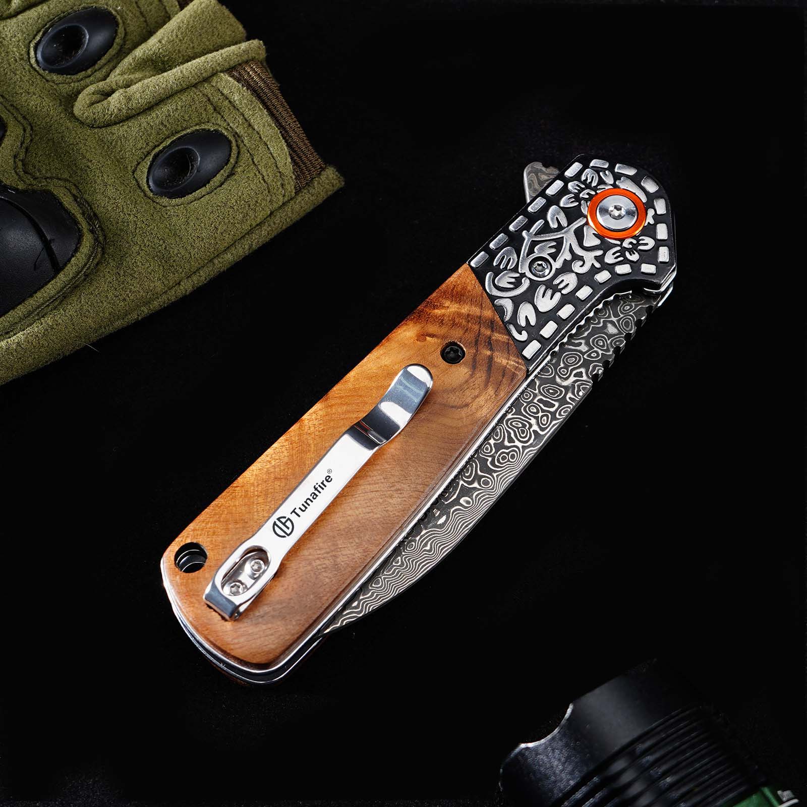 Tunafire GT-DM050 EDC Pocket Folding Knife Ebony Wood Handle 3.31"Damascus Steel Blade Outdoor Survival Tool