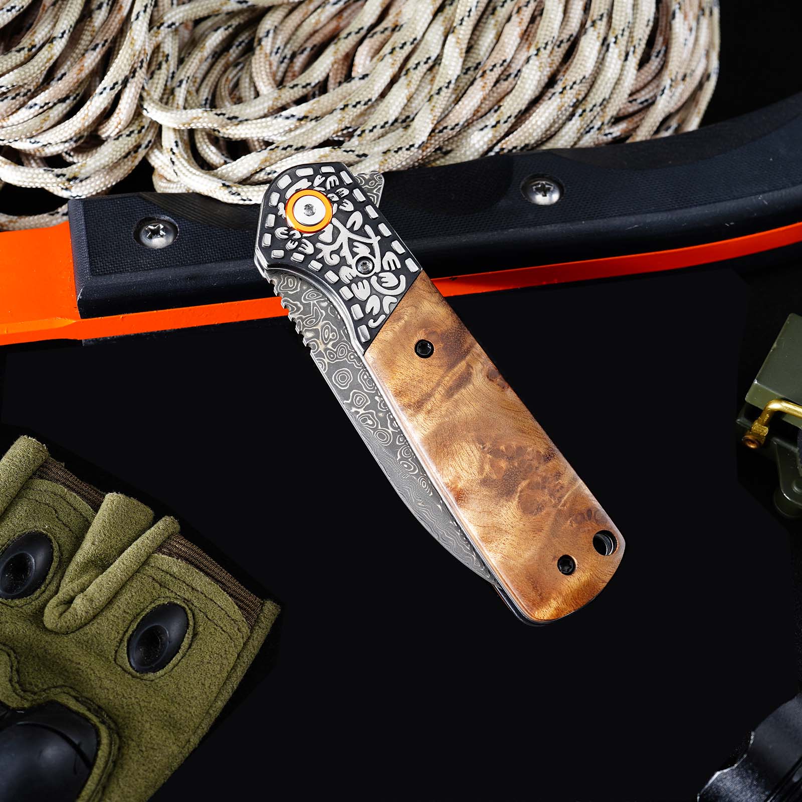Tunafire GT-DM050 EDC Pocket Folding Knife Ebony Wood Handle 3.31"Damascus Steel Blade Outdoor Survival Tool