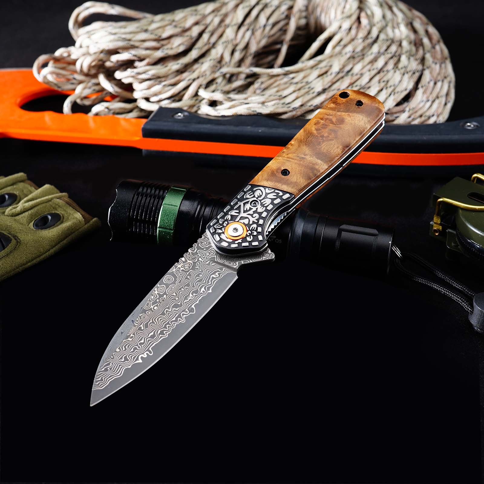 Tunafire GT-DM050 EDC Pocket Folding Knife Ebony Wood Handle 3.31"Damascus Steel Blade Outdoor Survival Tool