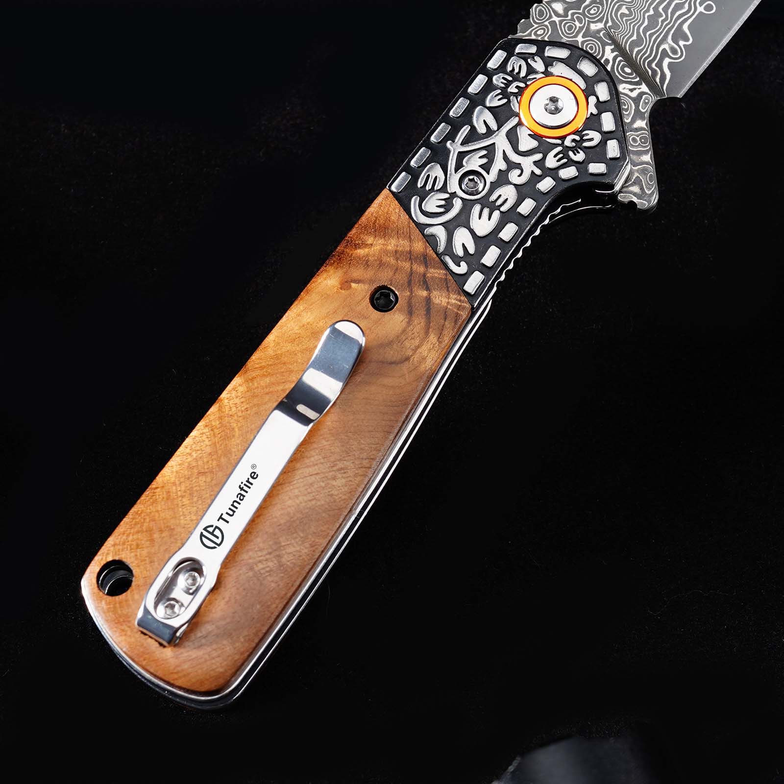 Tunafire GT-DM050 EDC Pocket Folding Knife Ebony Wood Handle 3.31"Damascus Steel Blade Outdoor Survival Tool