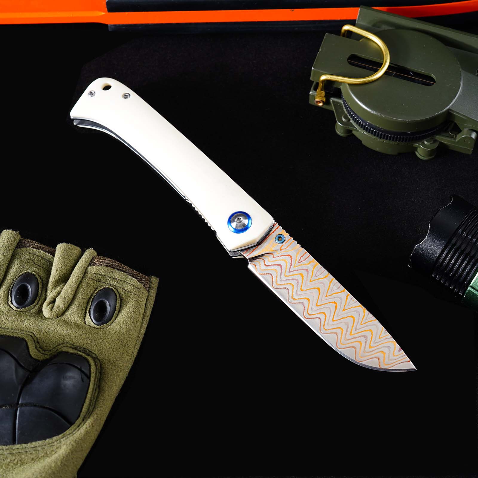 Tunafire Knife 3.19" Copper Damascus Folding Knife VG10 Core Bull Bone Handle Ball Bearing EDC Pocket Knife GT-DM035