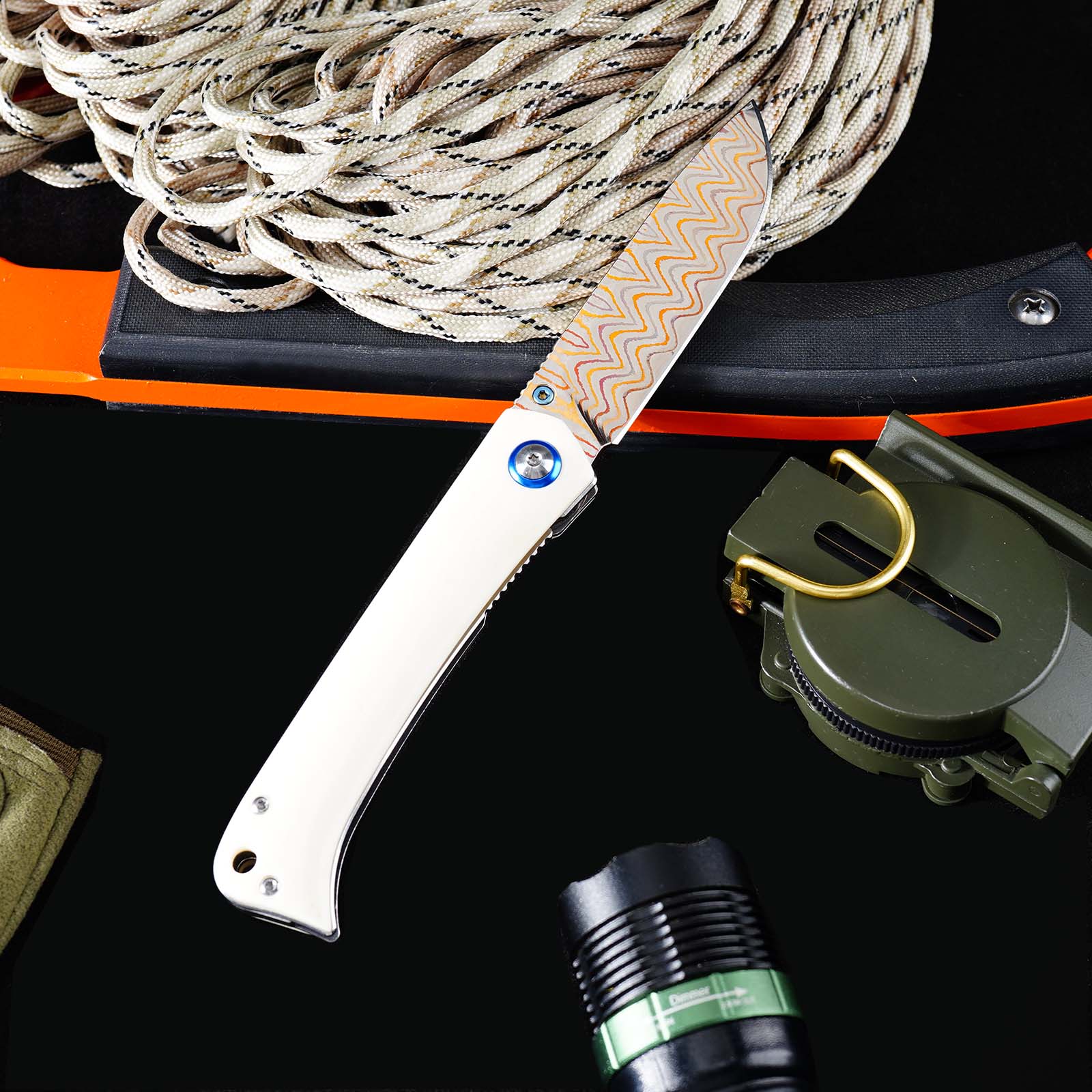 Tunafire Knife 3.19" Copper Damascus Folding Knife VG10 Core Bull Bone Handle Ball Bearing EDC Pocket Knife GT-DM035