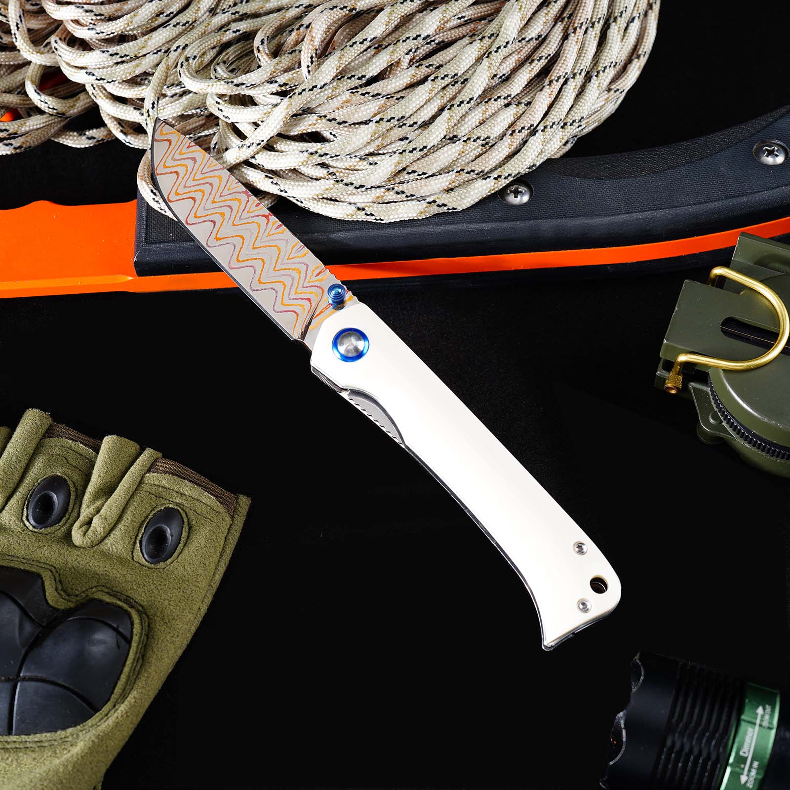 Tunafire Knife 3.19" Copper Damascus Folding Knife VG10 Core Bull Bone Handle Ball Bearing EDC Pocket Knife GT-DM035