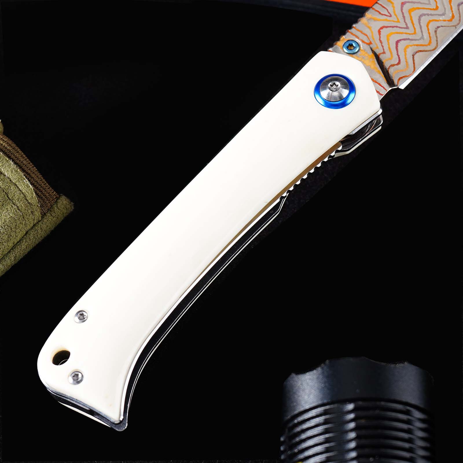 Tunafire Knife 3.19" Copper Damascus Folding Knife VG10 Core Bull Bone Handle Ball Bearing EDC Pocket Knife GT-DM035