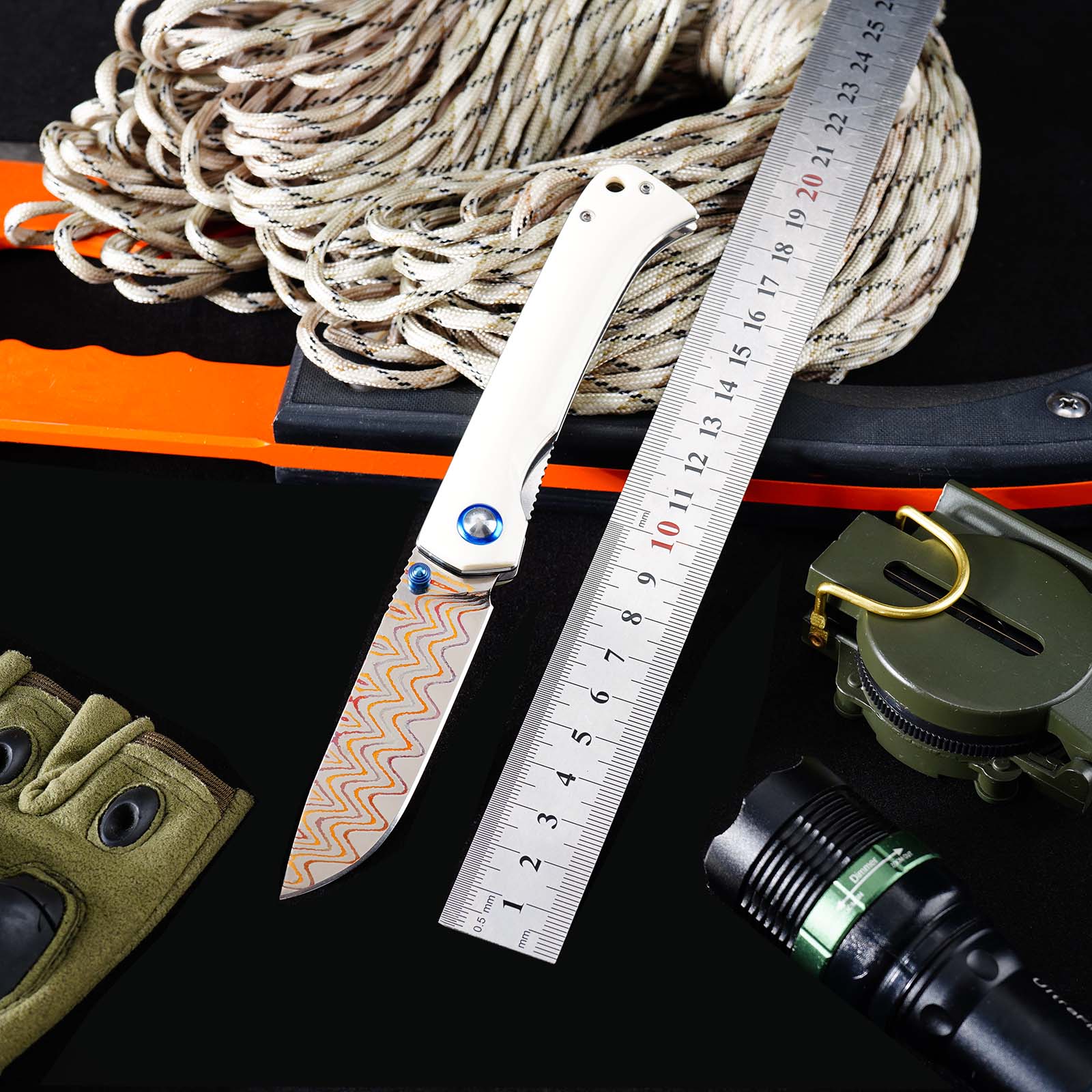 Tunafire Knife 3.19" Copper Damascus Folding Knife VG10 Core Bull Bone Handle Ball Bearing EDC Pocket Knife GT-DM035