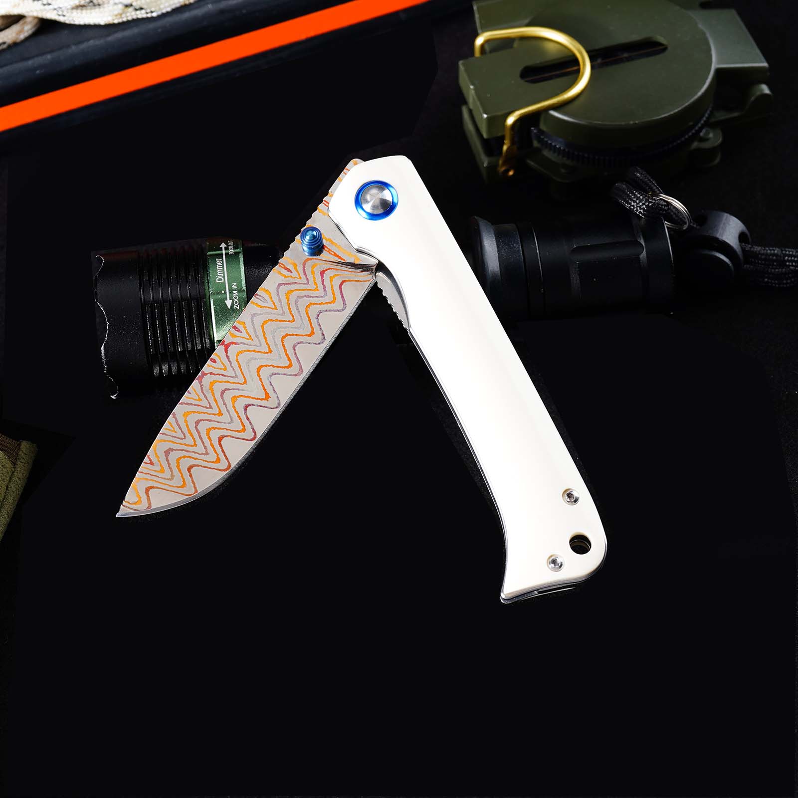 Tunafire Knife 3.19" Copper Damascus Folding Knife VG10 Core Bull Bone Handle Ball Bearing EDC Pocket Knife GT-DM035
