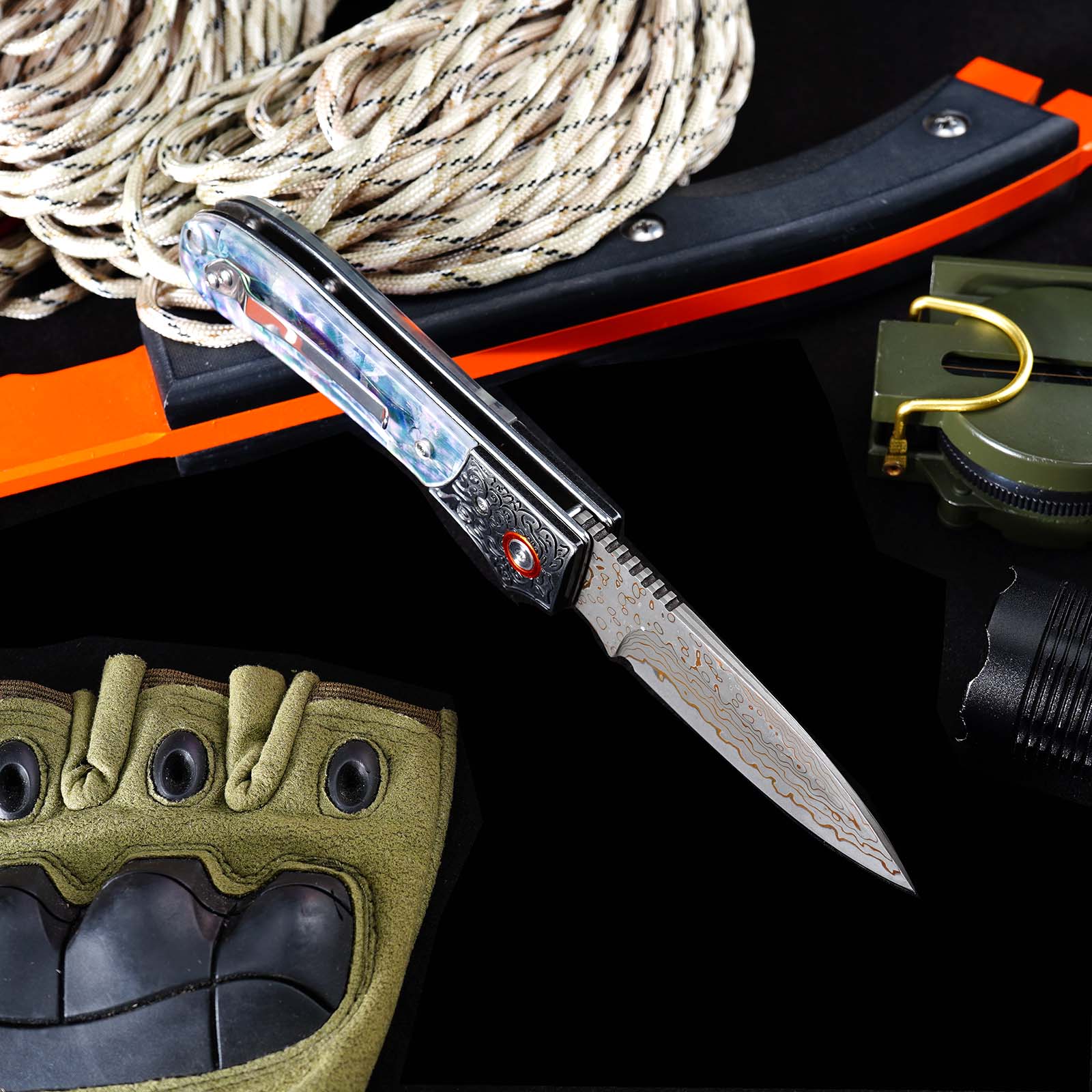 Tunafire GT-DM044 3.35" VG10 Bronze Damascus Folding Knife Abalone Shell Handle Ball Bearing EDC Knife