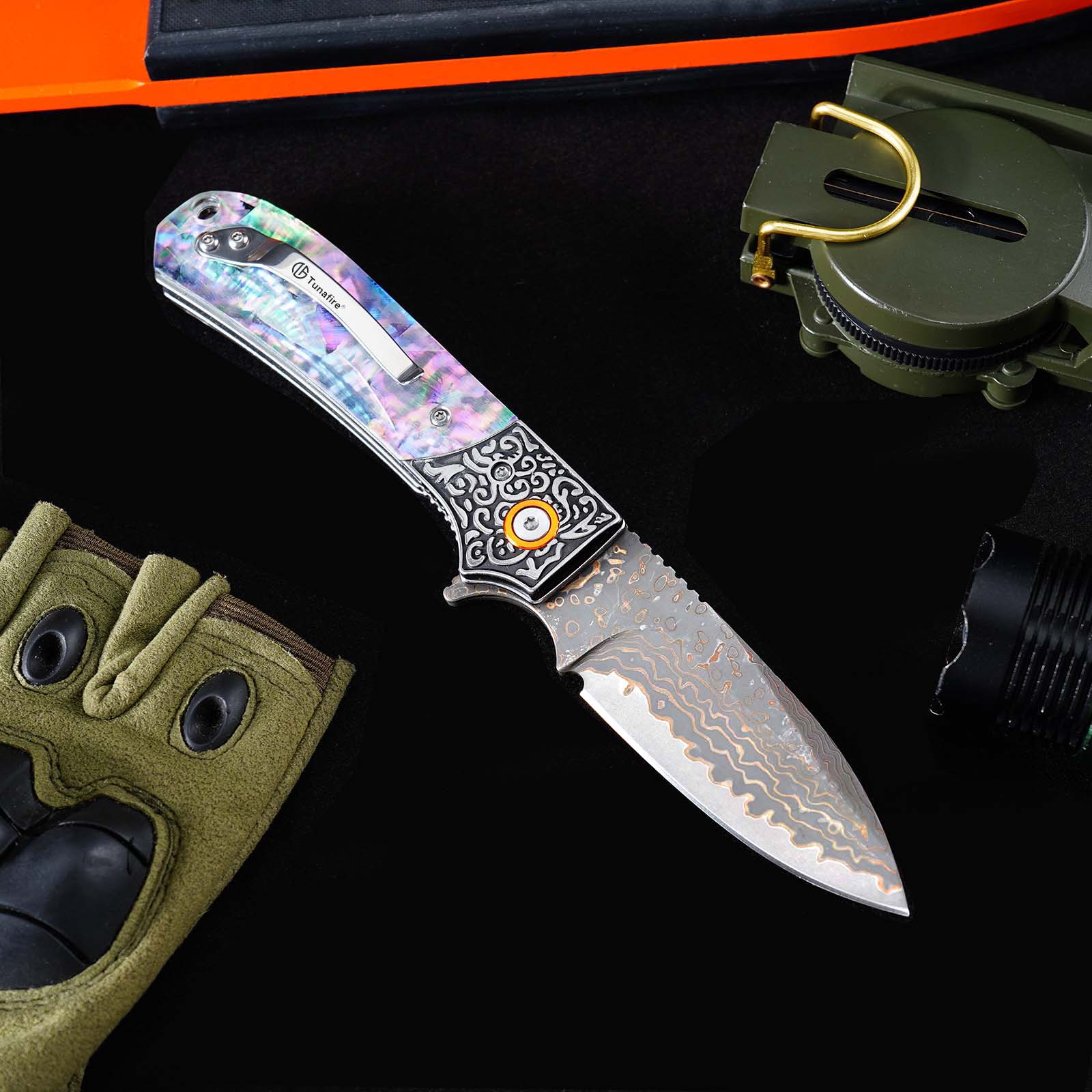 Tunafire GT-DM044 3.35" VG10 Bronze Damascus Folding Knife Abalone Shell Handle Ball Bearing EDC Knife