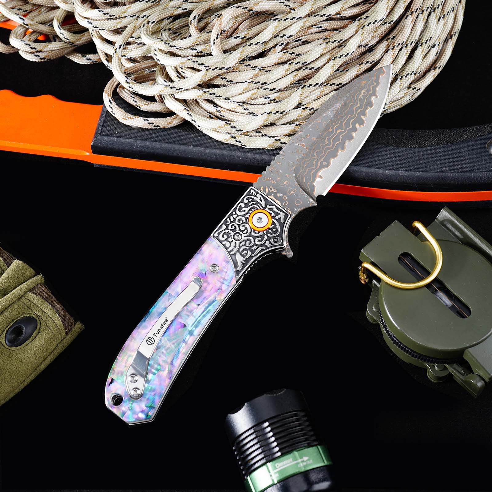 Tunafire GT-DM044 3.35" VG10 Bronze Damascus Folding Knife Abalone Shell Handle Ball Bearing EDC Knife