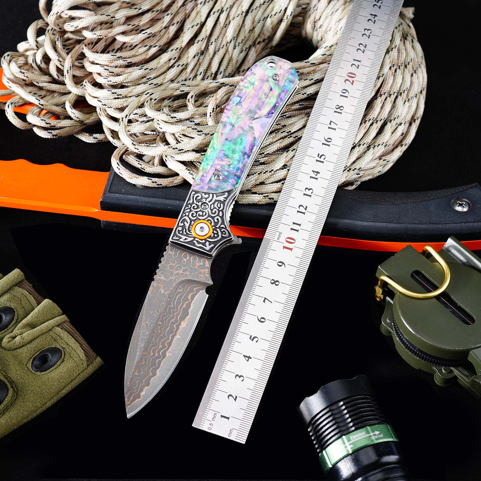 Tunafire GT-DM044 3.35" VG10 Bronze Damascus Folding Knife Abalone Shell Handle Ball Bearing EDC Knife