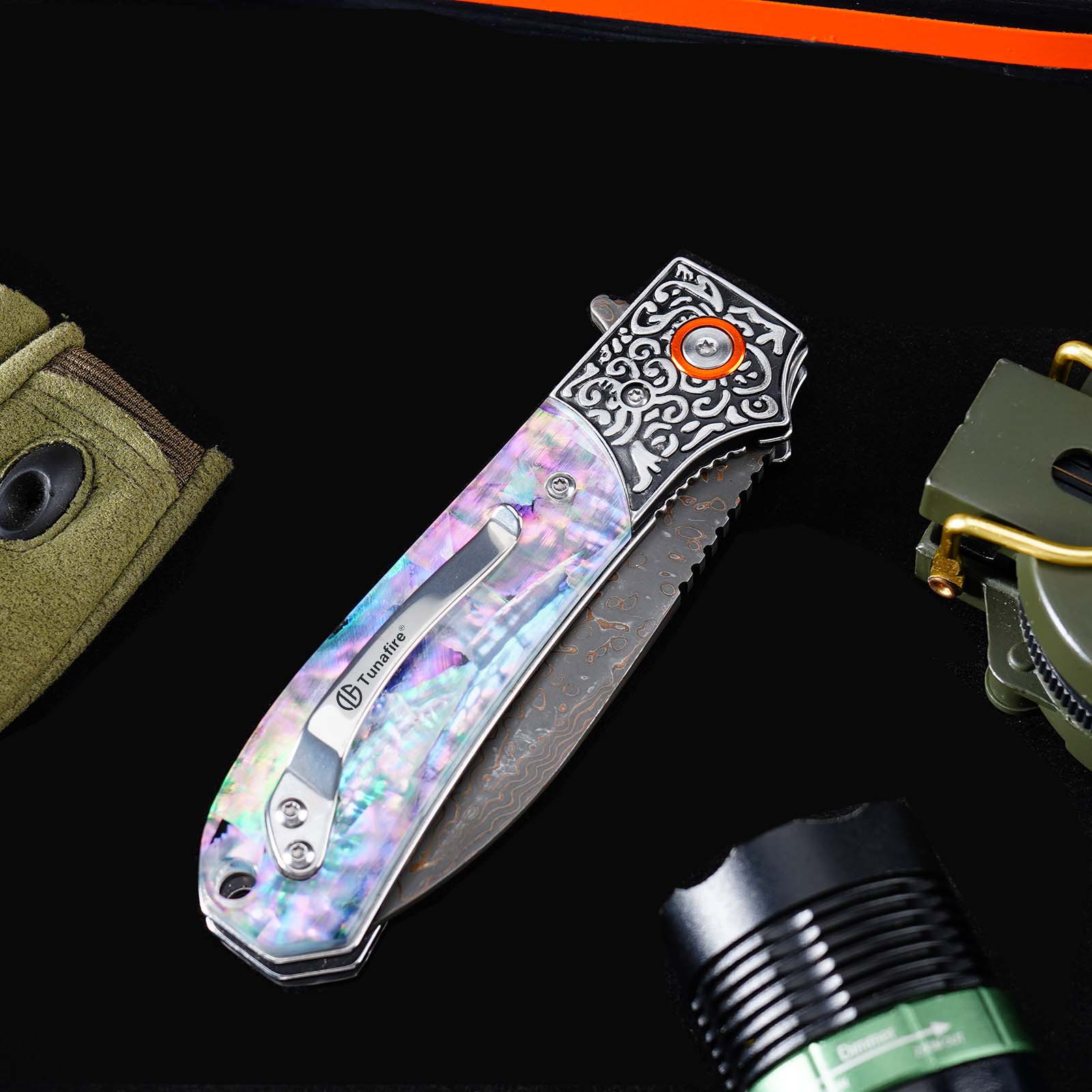 Tunafire GT-DM044 3.35" VG10 Bronze Damascus Folding Knife Abalone Shell Handle Ball Bearing EDC Knife