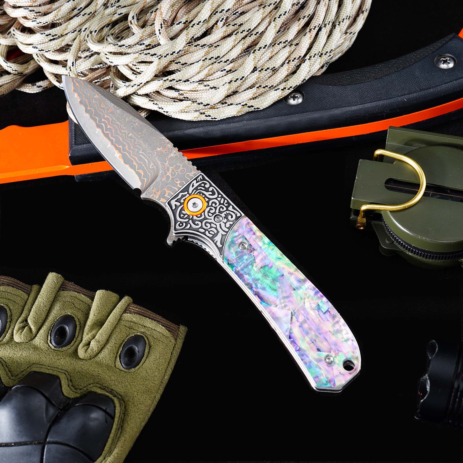 Tunafire GT-DM044 3.35" VG10 Bronze Damascus Folding Knife Abalone Shell Handle Ball Bearing EDC Knife
