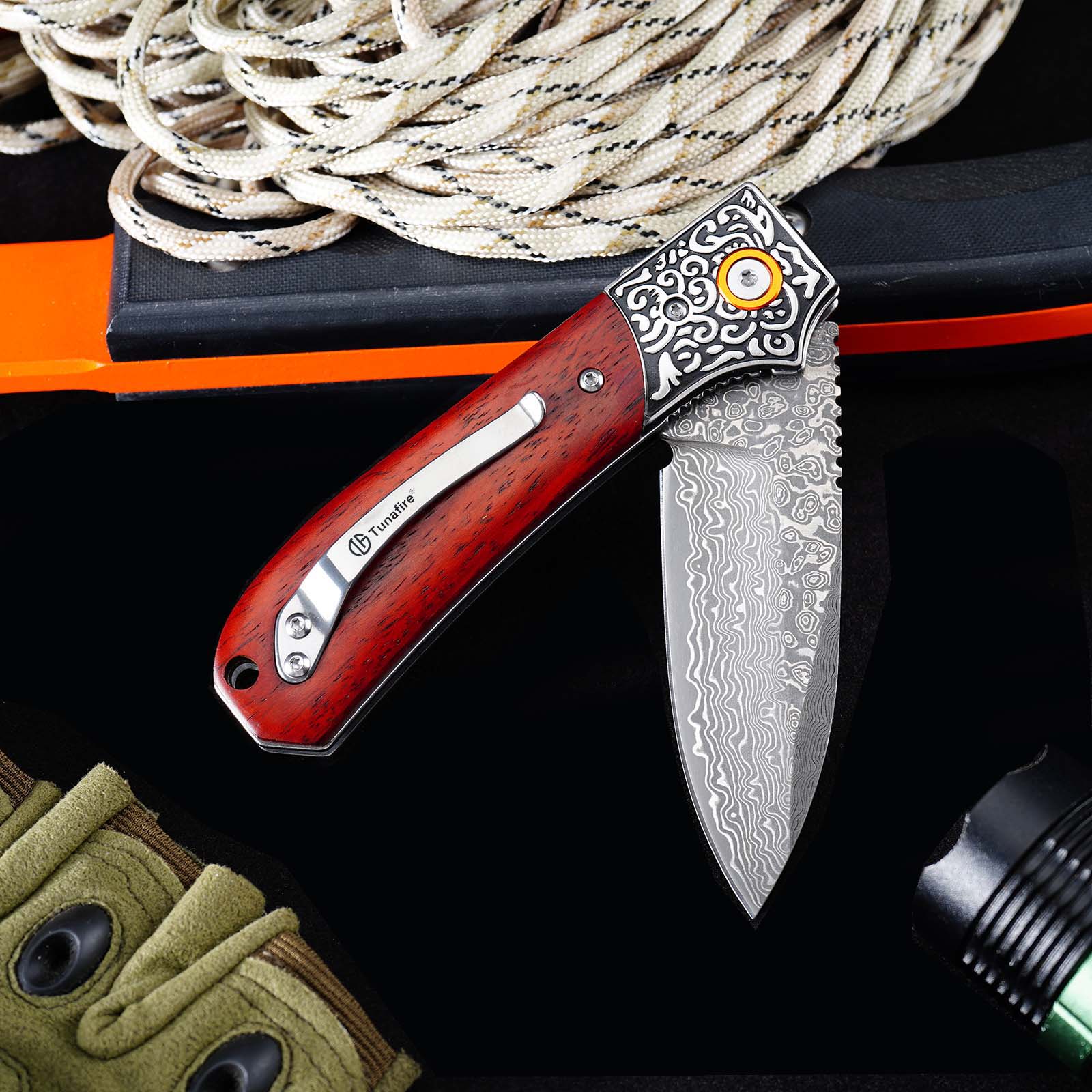 Tunafire GT-DM044-1 Folding Knife 3.3"Damascus steel Blade ,Yellow Rosewood Handle Ball Bearing Pocket Knife