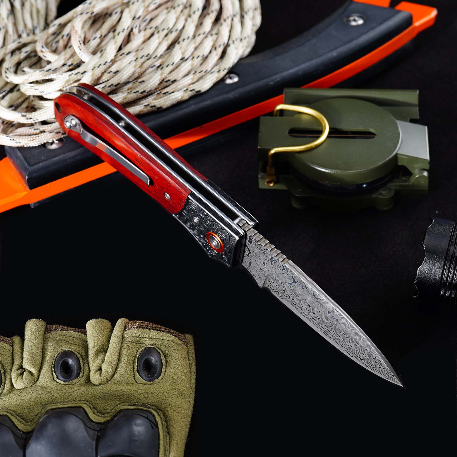Tunafire GT-DM044-1 Folding Knife 3.3"Damascus steel Blade ,Yellow Rosewood Handle Ball Bearing Pocket Knife