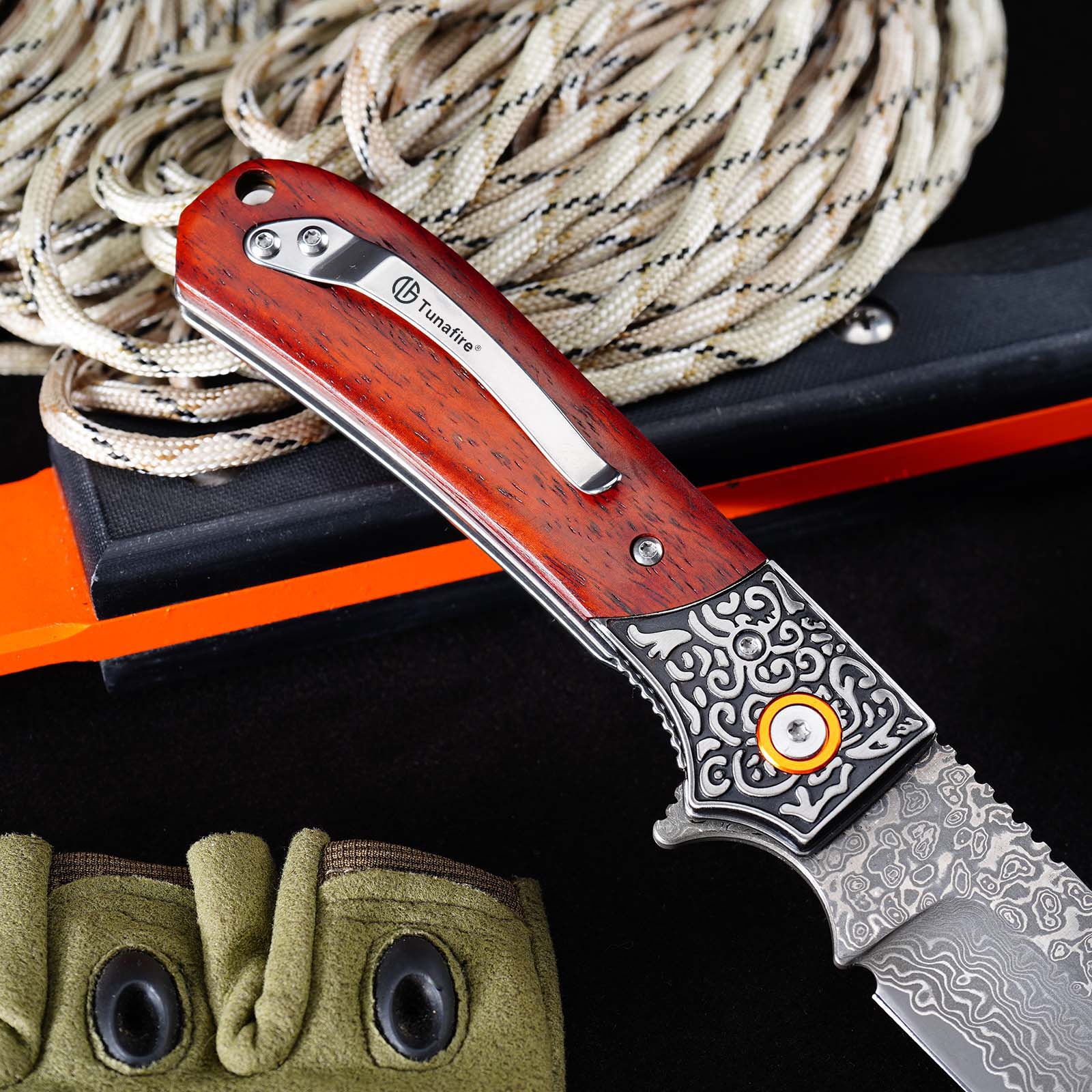 Tunafire GT-DM044-1 Folding Knife 3.3"Damascus steel Blade ,Yellow Rosewood Handle Ball Bearing Pocket Knife