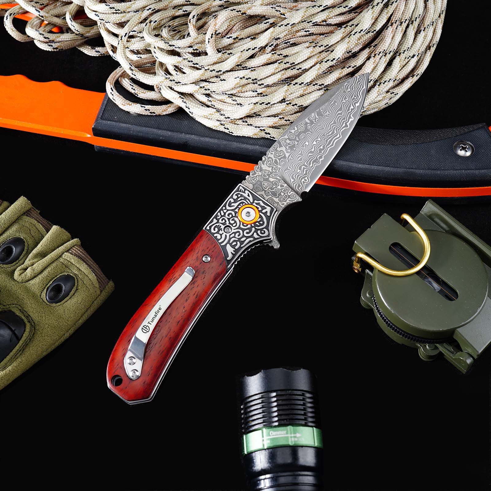 Tunafire GT-DM044-1 Folding Knife 3.3"Damascus steel Blade ,Yellow Rosewood Handle Ball Bearing Pocket Knife