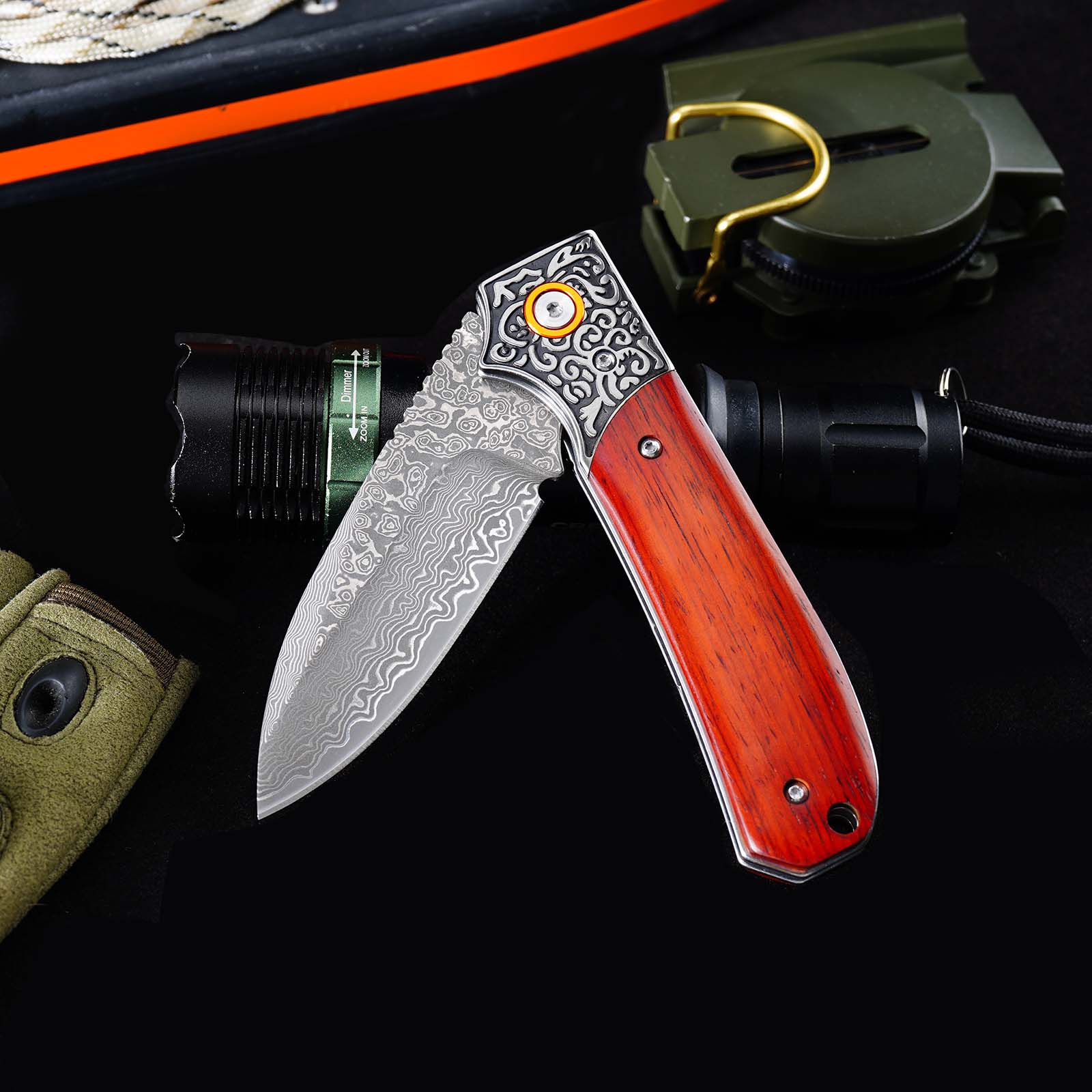 Tunafire GT-DM044-1 Folding Knife 3.3"Damascus steel Blade ,Yellow Rosewood Handle Ball Bearing Pocket Knife