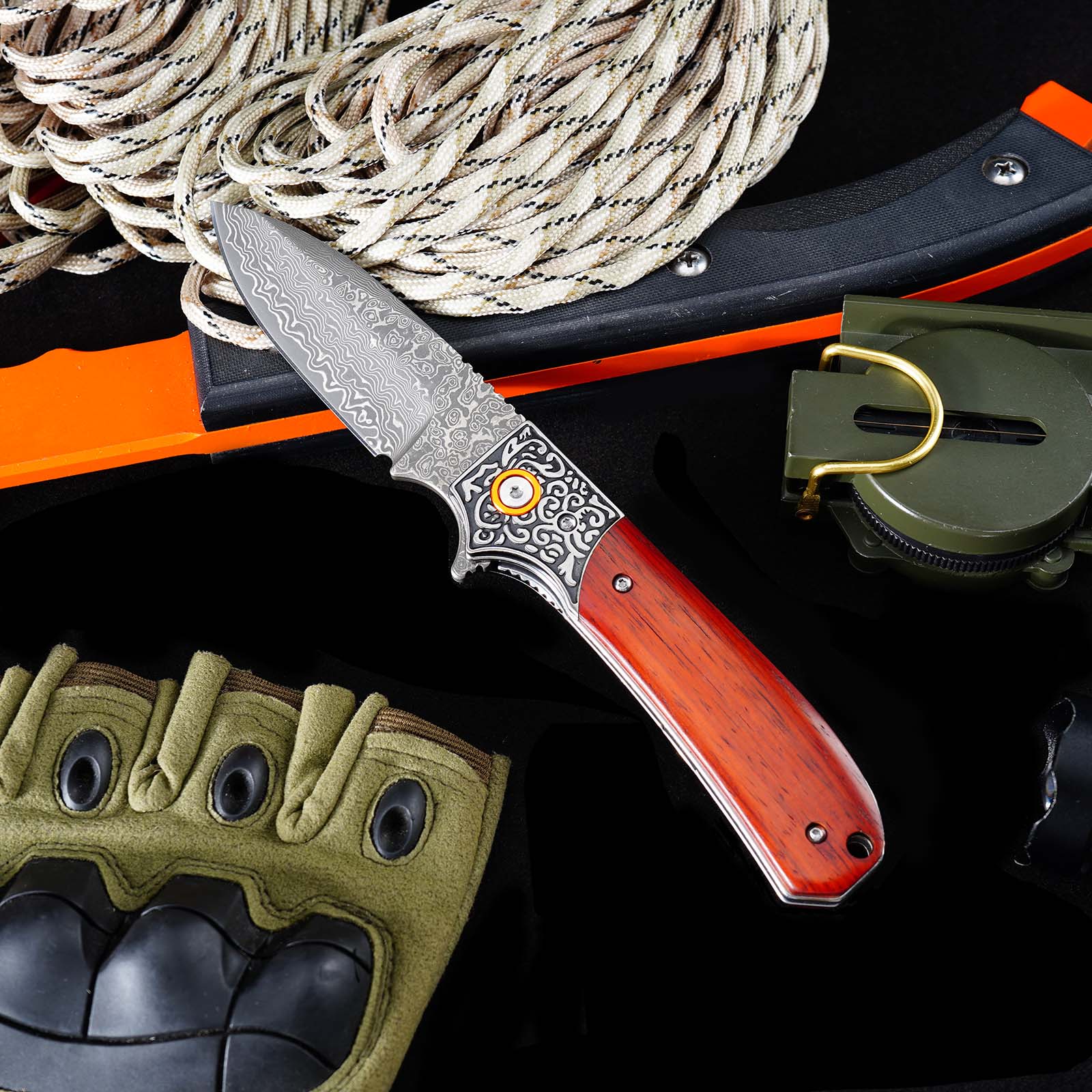 Tunafire GT-DM044-1 Folding Knife 3.3"Damascus steel Blade ,Yellow Rosewood Handle Ball Bearing Pocket Knife