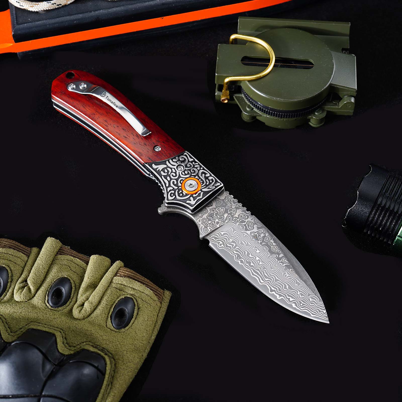 Tunafire GT-DM044-1 Folding Knife 3.3"Damascus steel Blade ,Yellow Rosewood Handle Ball Bearing Pocket Knife