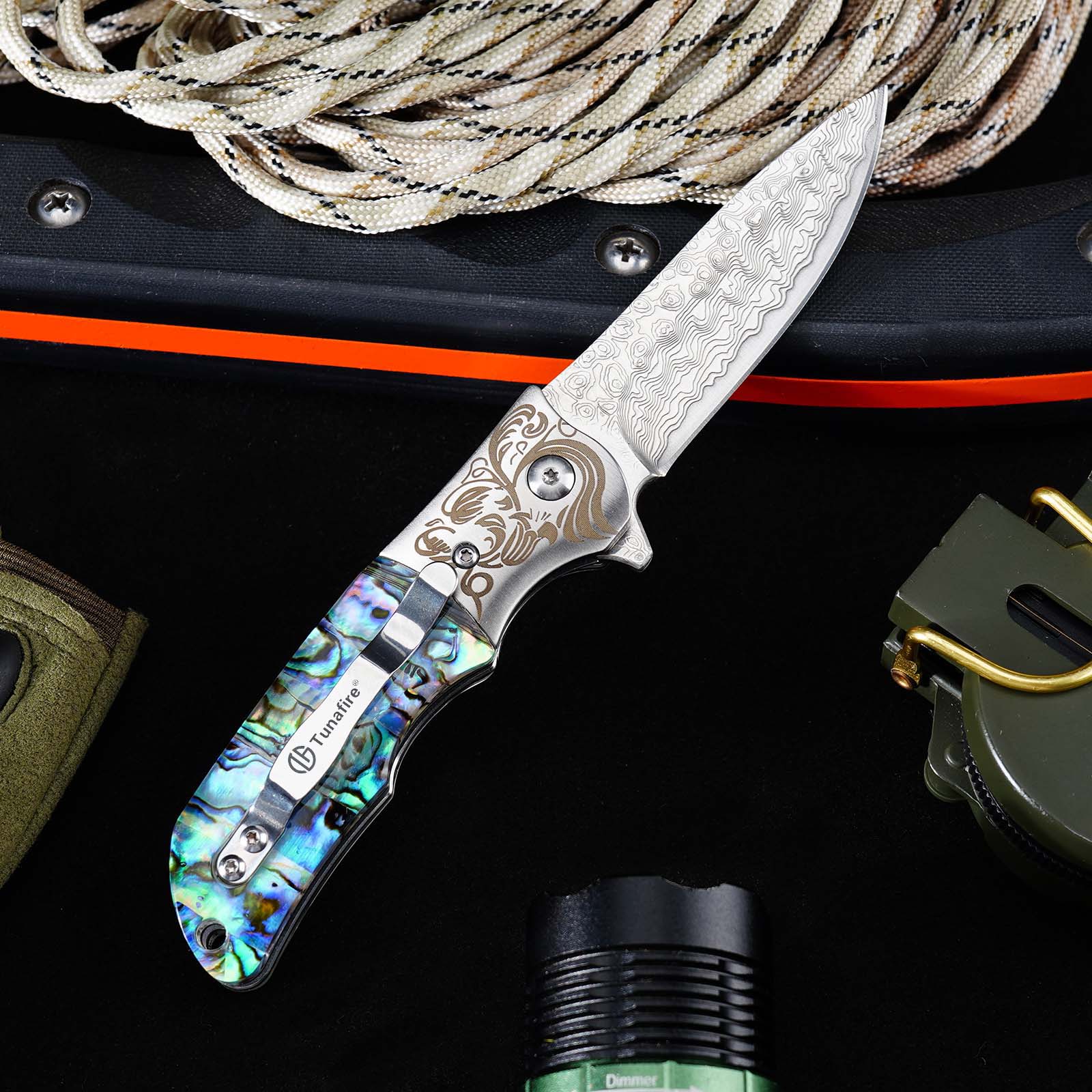 Tunafire Knife GT-DC377 Damascus Folding Knife Ball Bearing EDC Pocket Knife Steel Head Mother of Pearl Handle