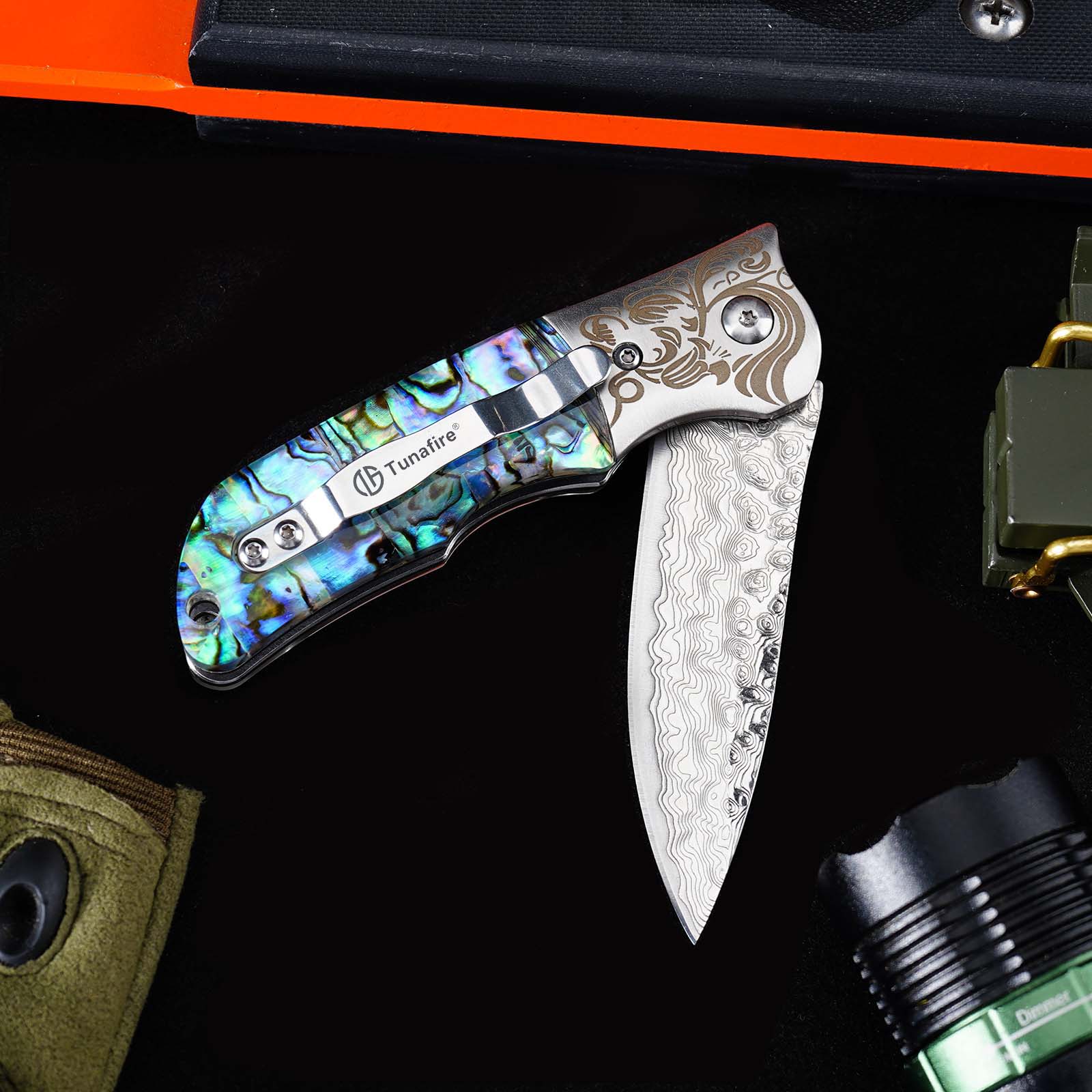 Tunafire Knife GT-DC377 Damascus Folding Knife Ball Bearing EDC Pocket Knife Steel Head Mother of Pearl Handle