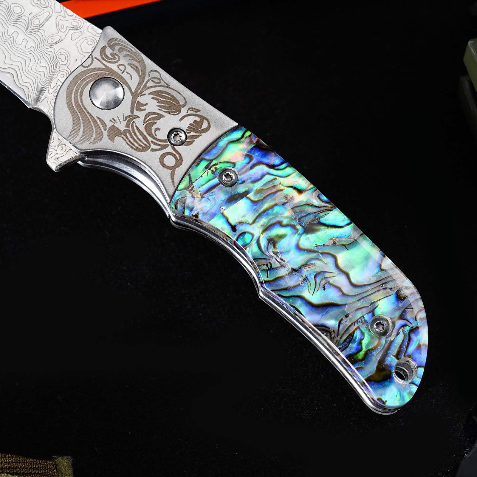 Tunafire Knife GT-DC377 Damascus Folding Knife Ball Bearing EDC Pocket Knife Steel Head Mother of Pearl Handle