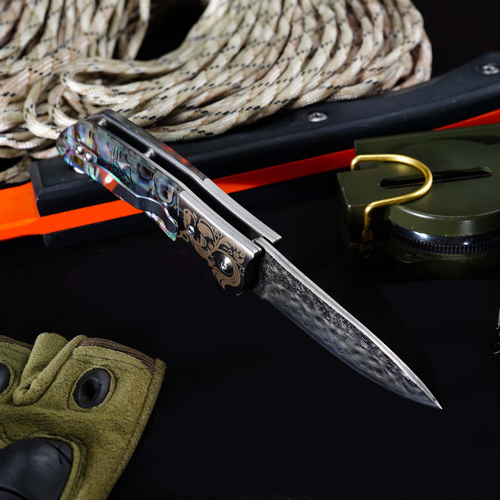 Tunafire Knife GT-DC377 Damascus Folding Knife Ball Bearing EDC Pocket Knife Steel Head Mother of Pearl Handle