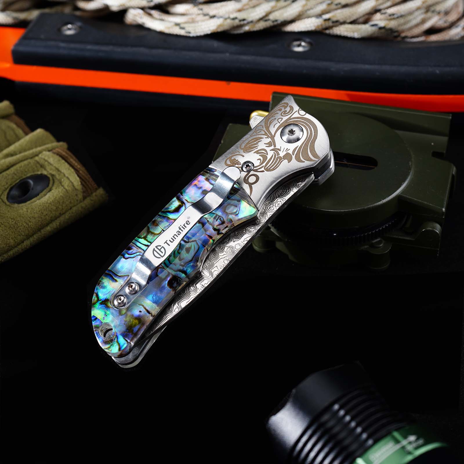 Tunafire Knife GT-DC377 Damascus Folding Knife Ball Bearing EDC Pocket Knife Steel Head Mother of Pearl Handle