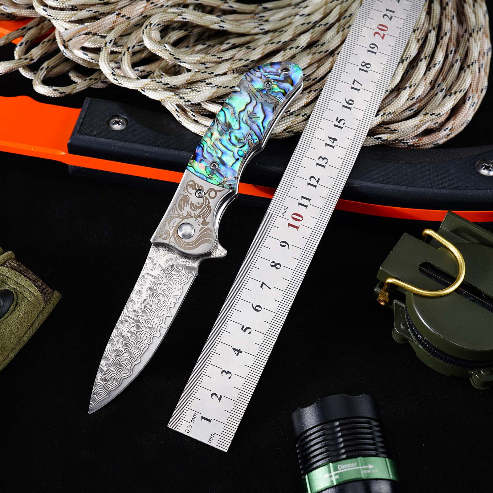 Tunafire Knife GT-DC377 Damascus Folding Knife Ball Bearing EDC Pocket Knife Steel Head Mother of Pearl Handle