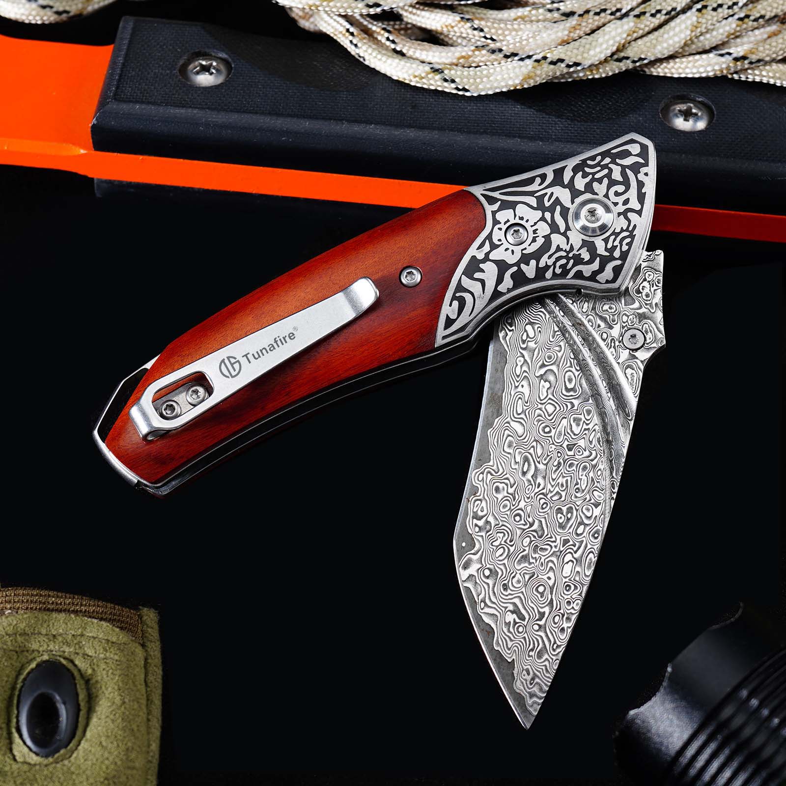 Tunafire GT-DM003 Folding Knife, 76-Layer Damascus Blade, Walnut Wood Handle, Ball Bearing EDC Pocket Knife