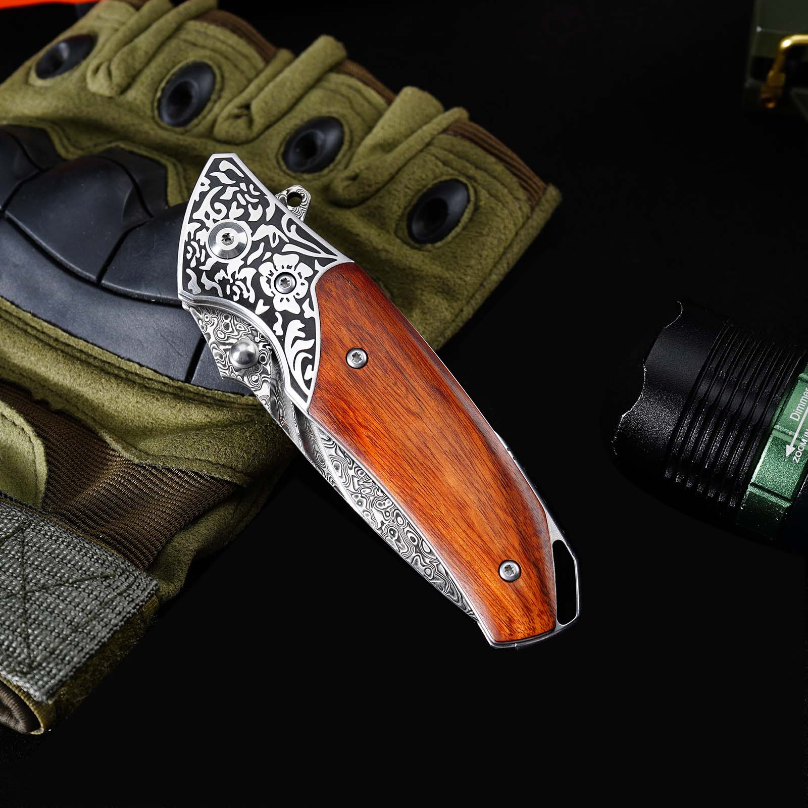 Tunafire GT-DM003 Folding Knife, 76-Layer Damascus Blade, Walnut Wood Handle, Ball Bearing EDC Pocket Knife