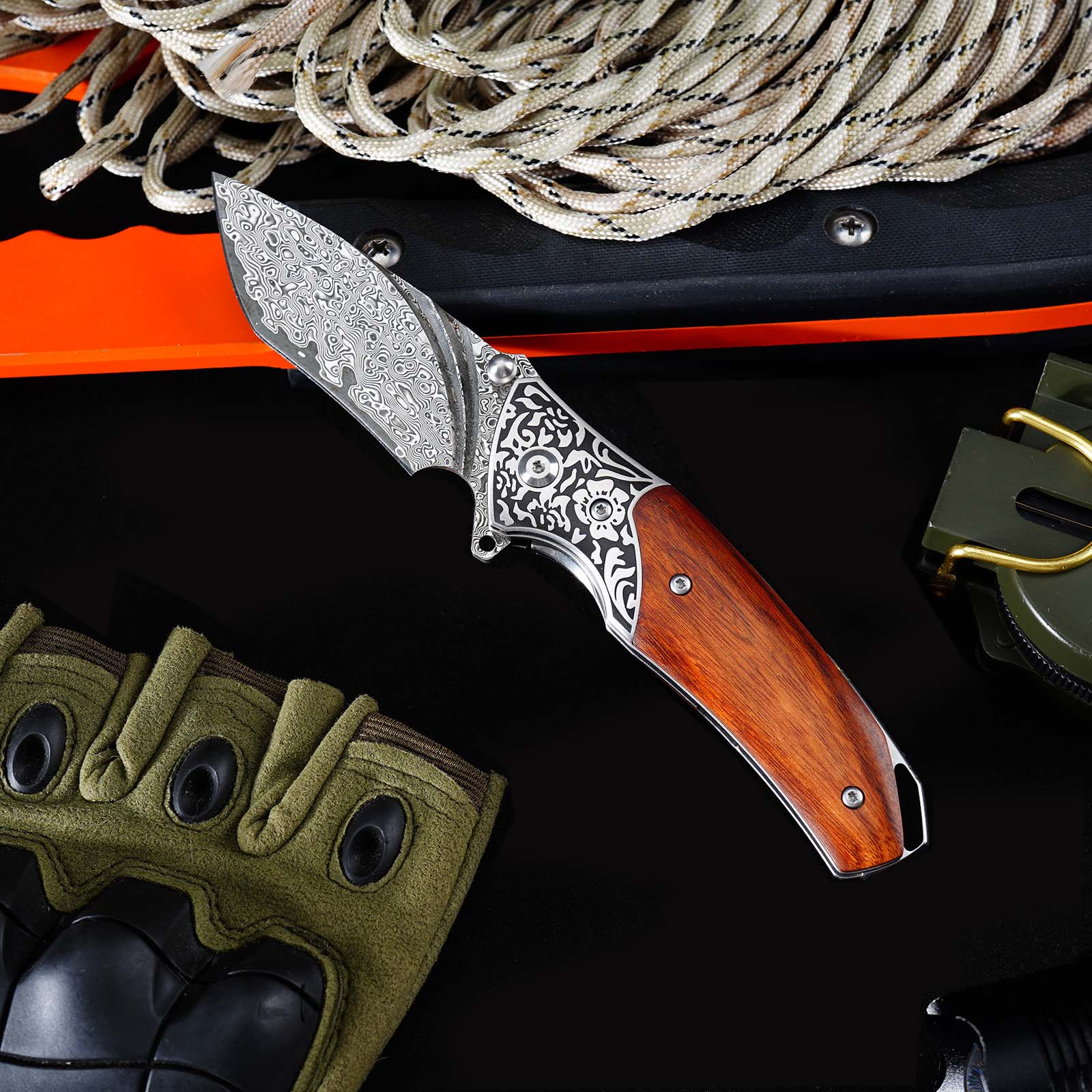 Tunafire GT-DM003 Folding Knife, 76-Layer Damascus Blade, Walnut Wood Handle, Ball Bearing EDC Pocket Knife