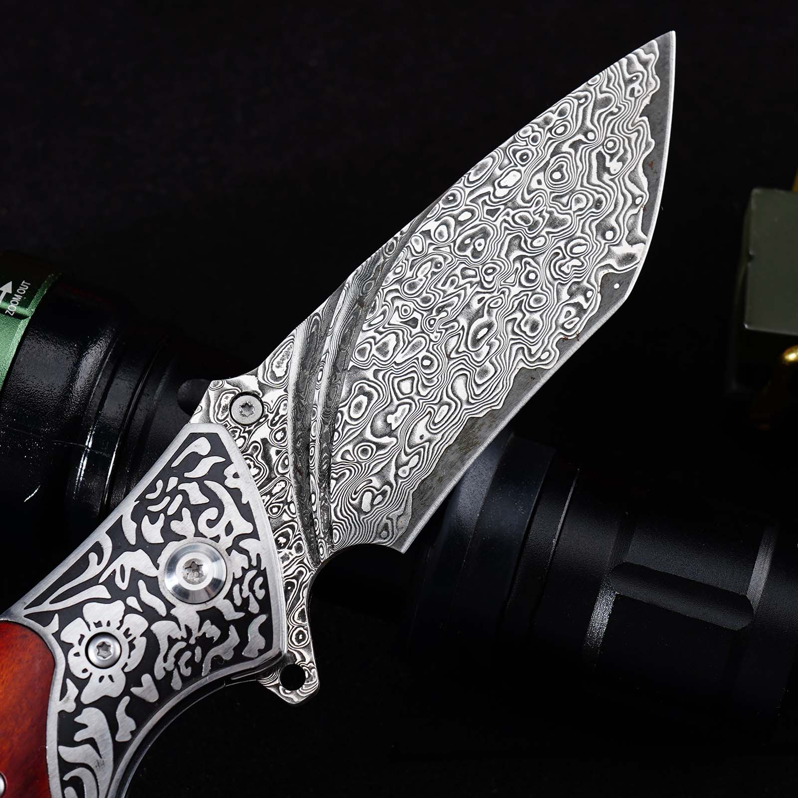 Tunafire GT-DM003 Folding Knife, 76-Layer Damascus Blade, Walnut Wood Handle, Ball Bearing EDC Pocket Knife