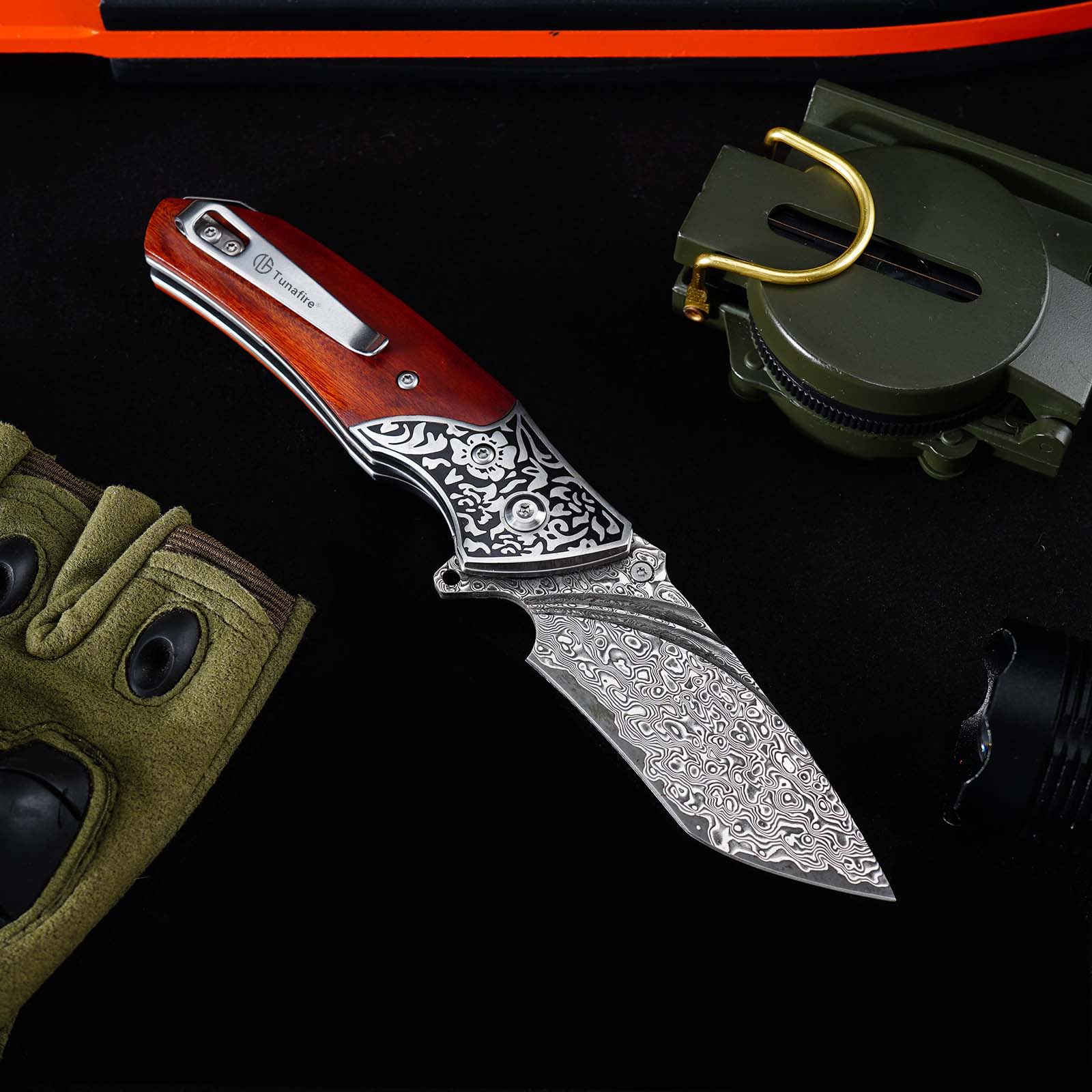 Tunafire GT-DM003 Folding Knife, 76-Layer Damascus Blade, Walnut Wood Handle, Ball Bearing EDC Pocket Knife