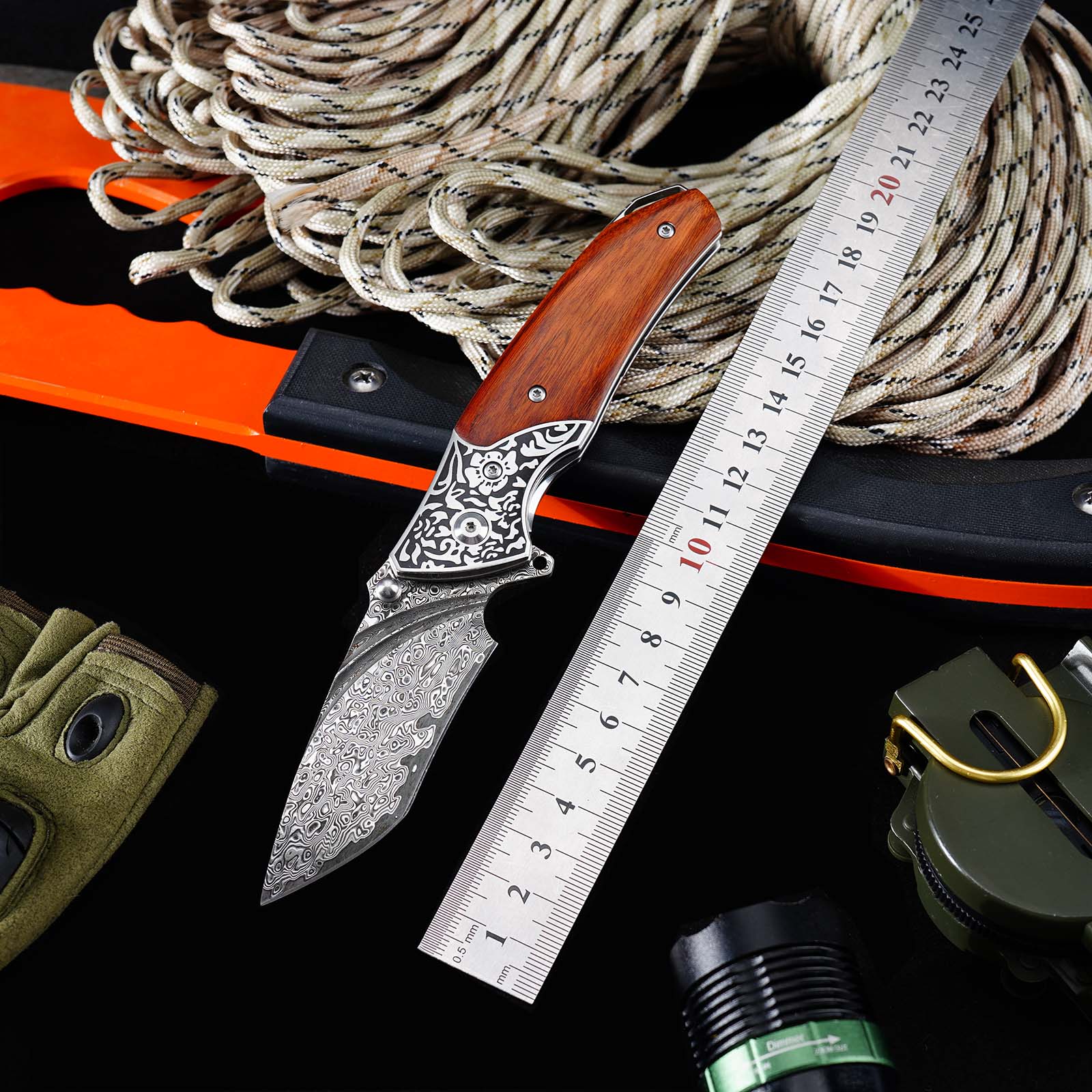 Tunafire GT-DM003 Folding Knife, 76-Layer Damascus Blade, Walnut Wood Handle, Ball Bearing EDC Pocket Knife