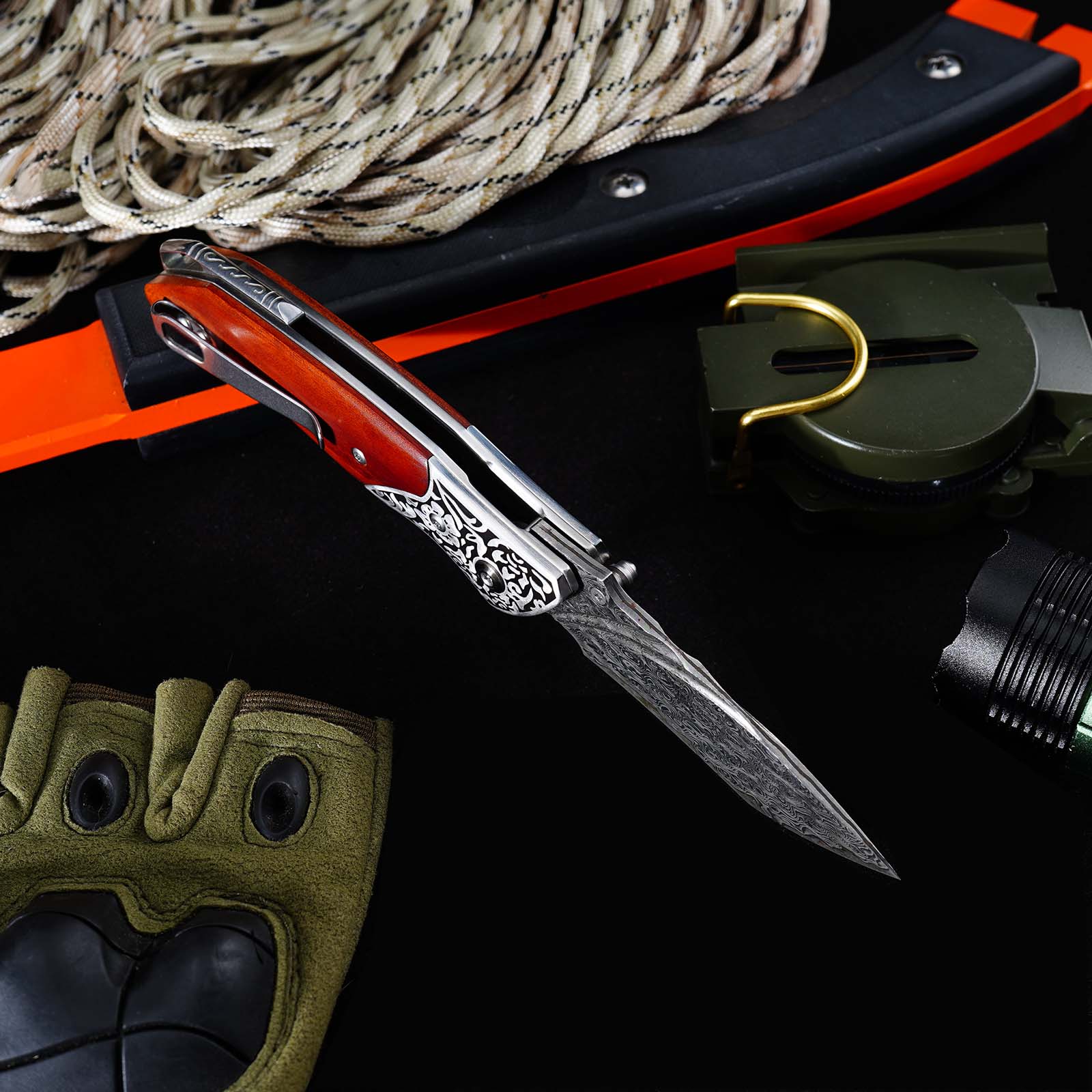 Tunafire GT-DM003 Folding Knife, 76-Layer Damascus Blade, Walnut Wood Handle, Ball Bearing EDC Pocket Knife