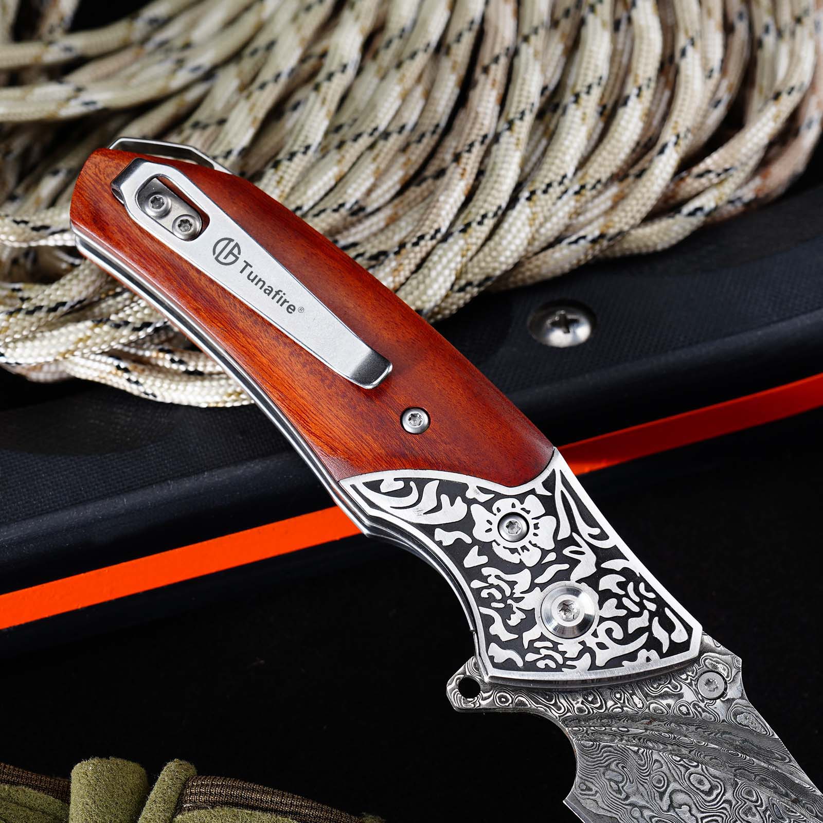 Tunafire GT-DM003 Folding Knife, 76-Layer Damascus Blade, Walnut Wood Handle, Ball Bearing EDC Pocket Knife