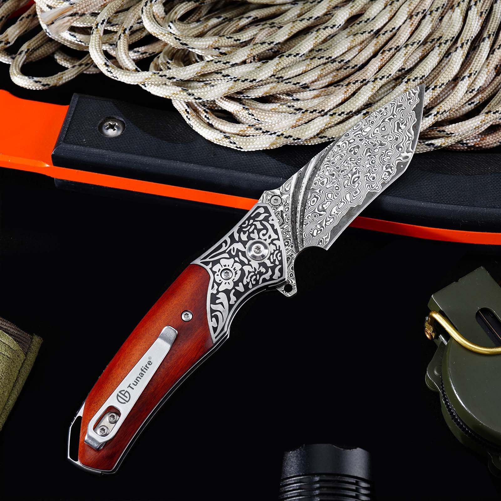 Tunafire GT-DM003 Folding Knife, 76-Layer Damascus Blade, Walnut Wood Handle, Ball Bearing EDC Pocket Knife