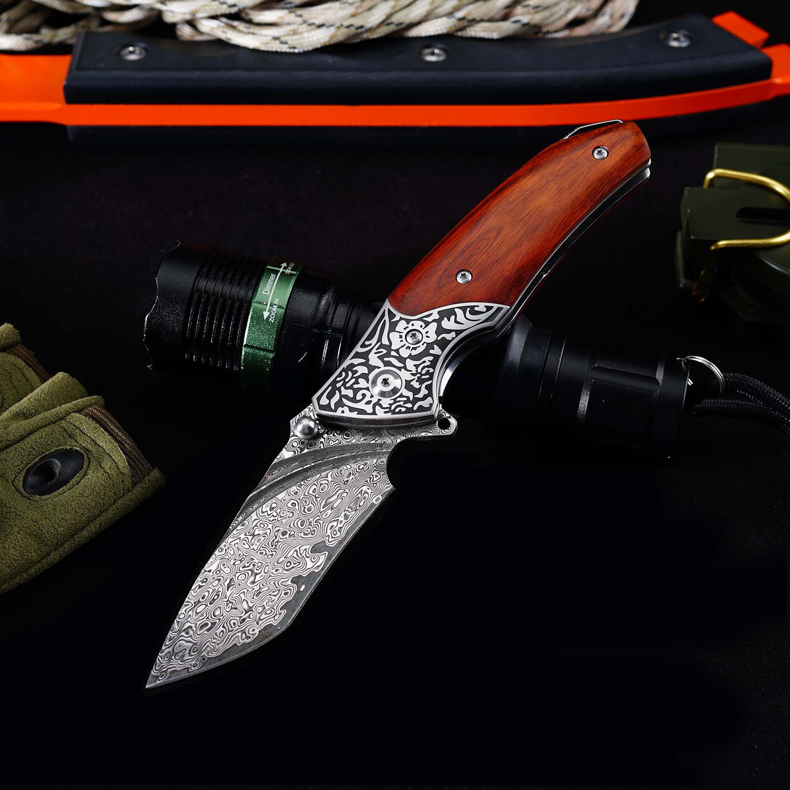 Tunafire GT-DM003 Folding Knife, 76-Layer Damascus Blade, Walnut Wood Handle, Ball Bearing EDC Pocket Knife