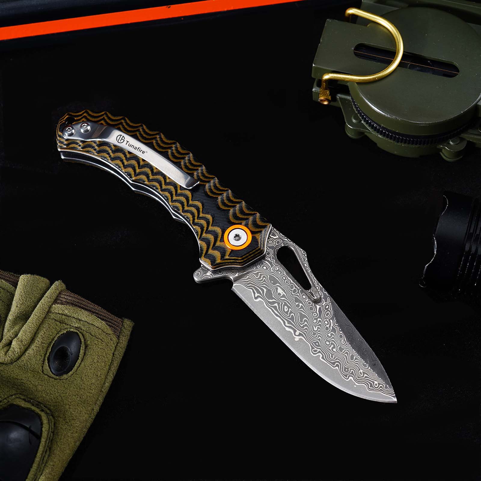 Tunafire Knife GT-DM021 2.68&rdquo;Damascus steel Knife Brown Two Color G10 Handle Portable Outdoor Camping Survival Tool