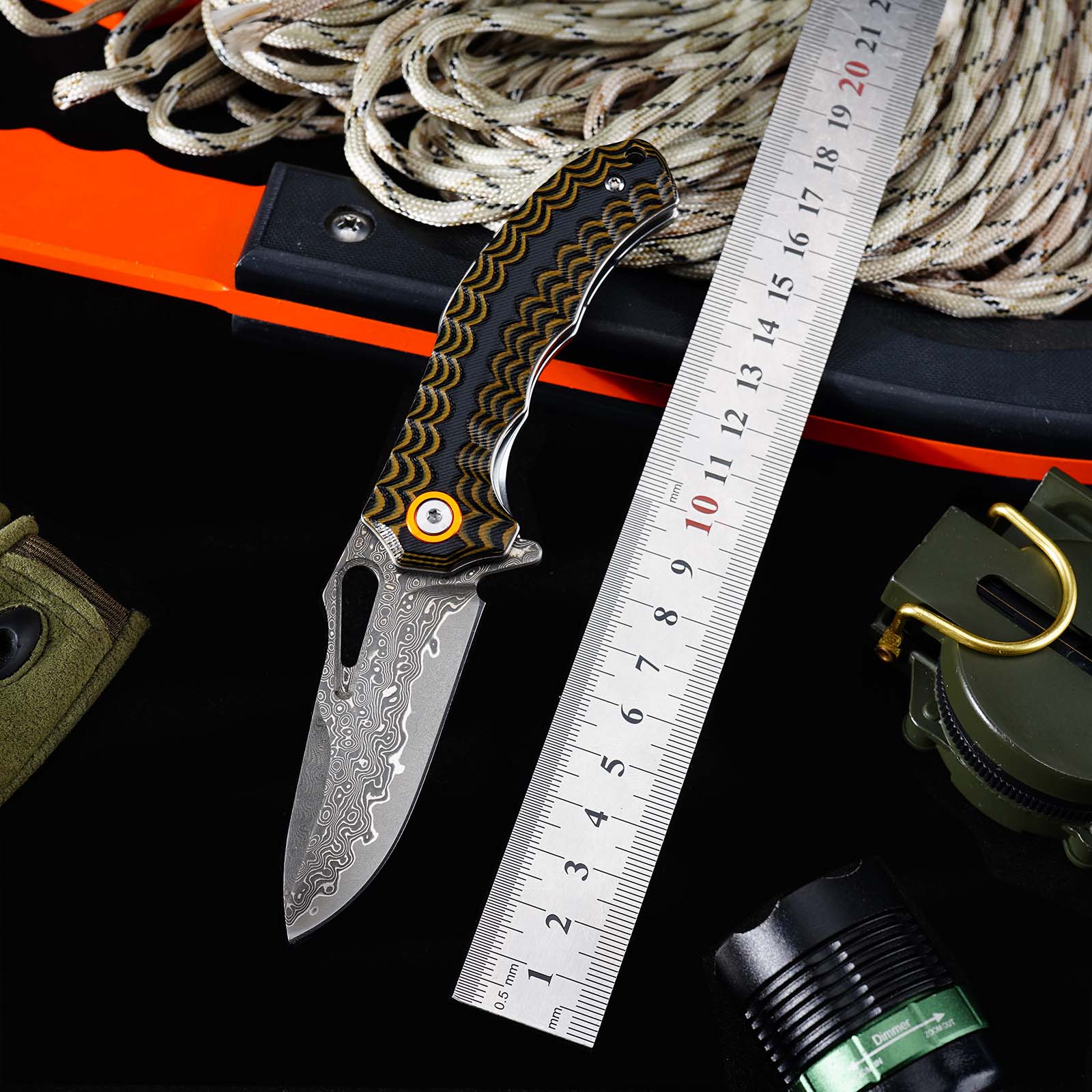 Tunafire Knife GT-DM021 2.68&rdquo;Damascus steel Knife Brown Two Color G10 Handle Portable Outdoor Camping Survival Tool