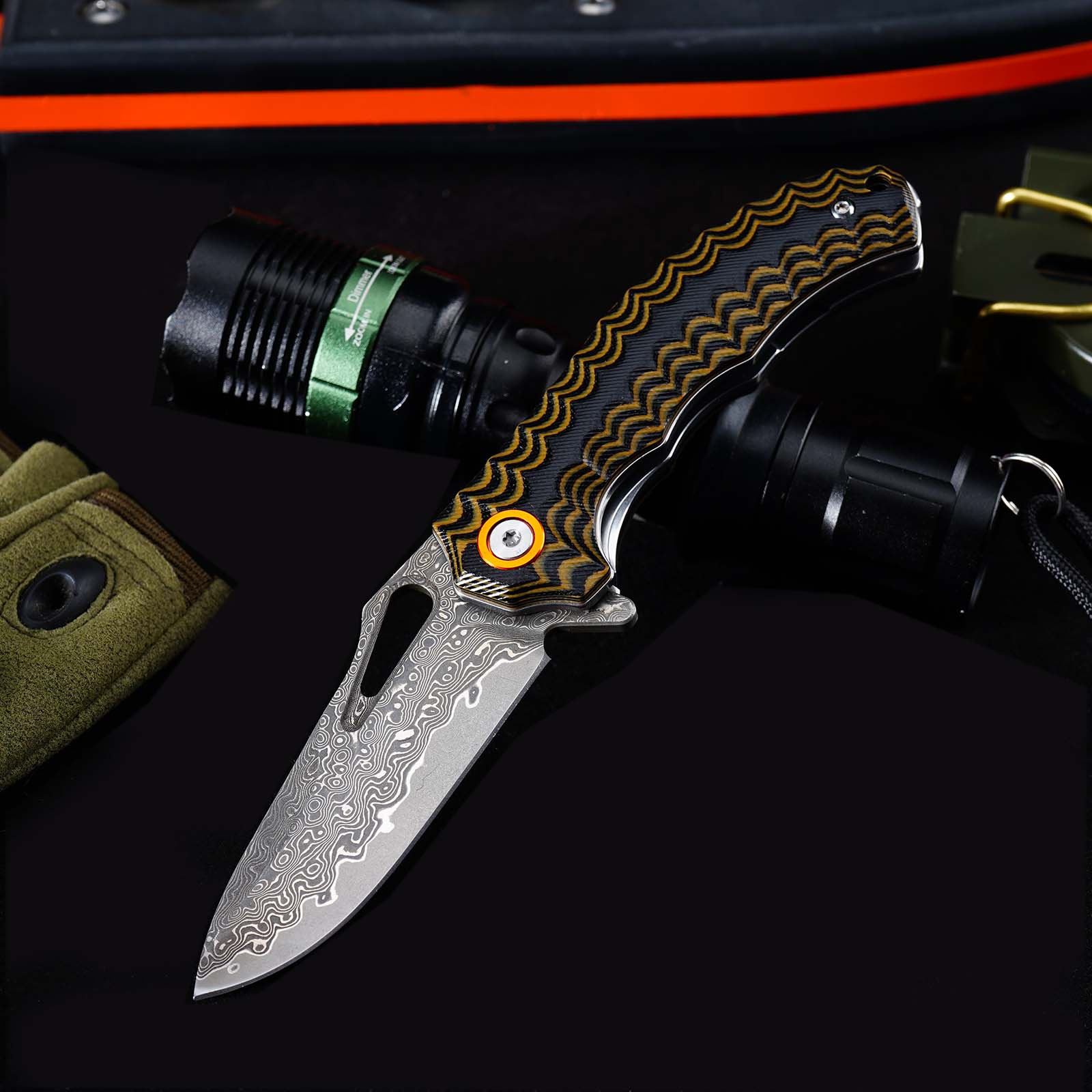 Tunafire Knife GT-DM021 2.68&rdquo;Damascus steel Knife Brown Two Color G10 Handle Portable Outdoor Camping Survival Tool