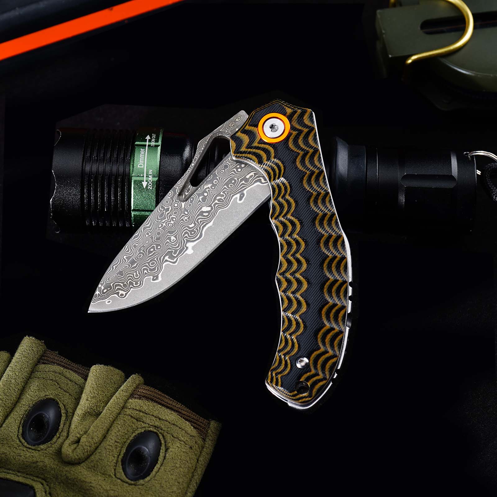 Tunafire Knife GT-DM021 2.68&rdquo;Damascus steel Knife Brown Two Color G10 Handle Portable Outdoor Camping Survival Tool