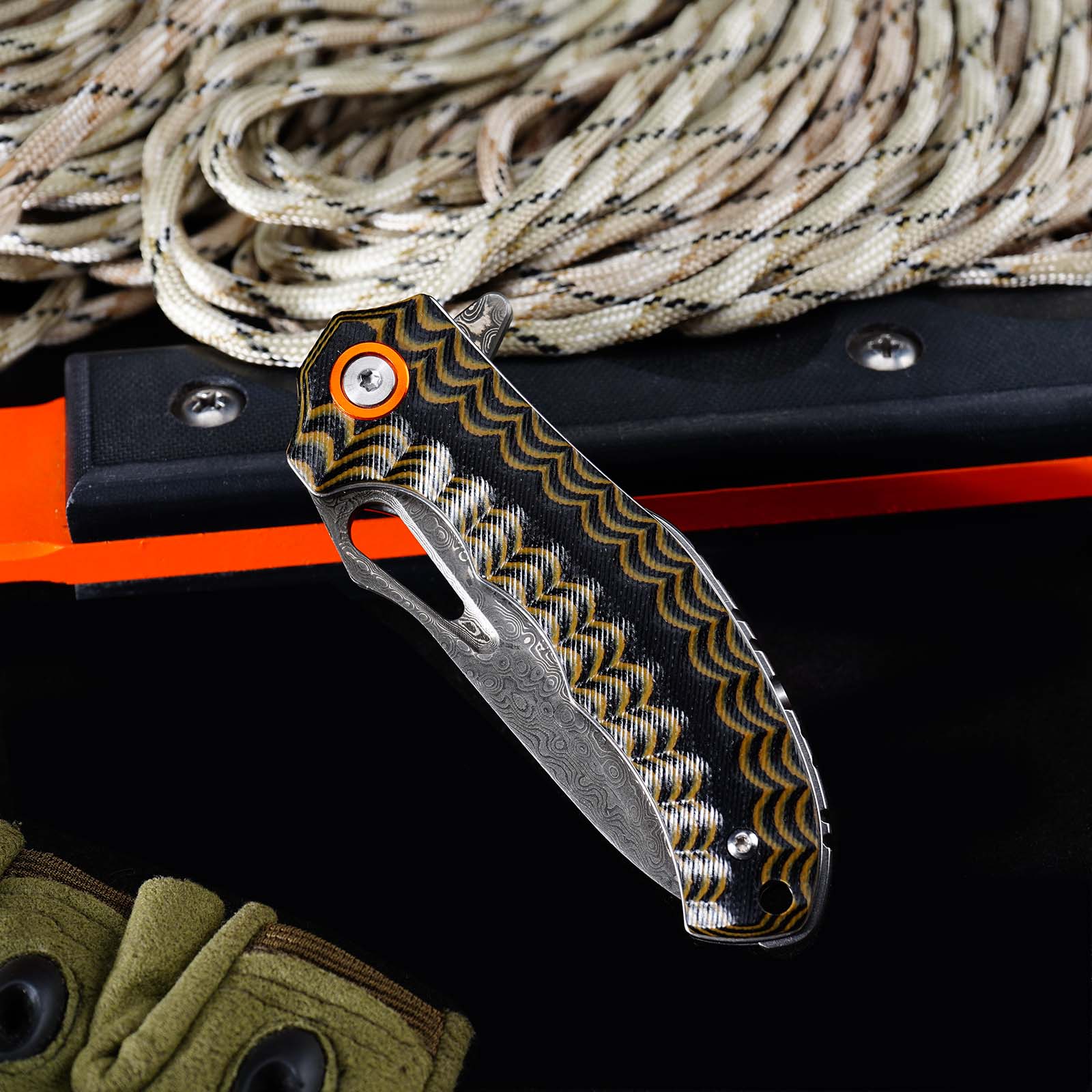 Tunafire Knife GT-DM021 2.68&rdquo;Damascus steel Knife Brown Two Color G10 Handle Portable Outdoor Camping Survival Tool