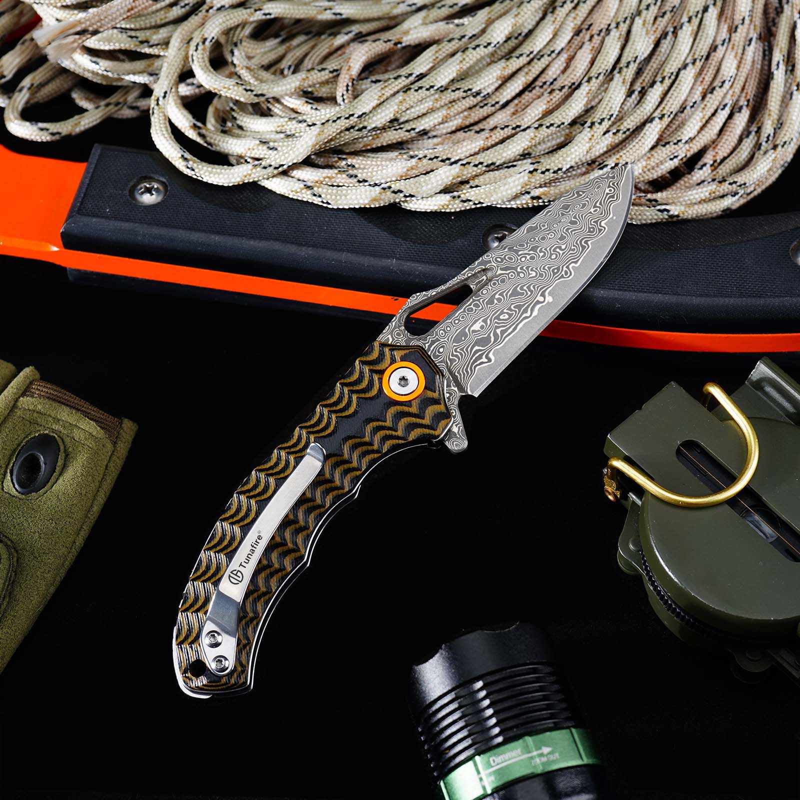 Tunafire Knife GT-DM021 2.68&rdquo;Damascus steel Knife Brown Two Color G10 Handle Portable Outdoor Camping Survival Tool