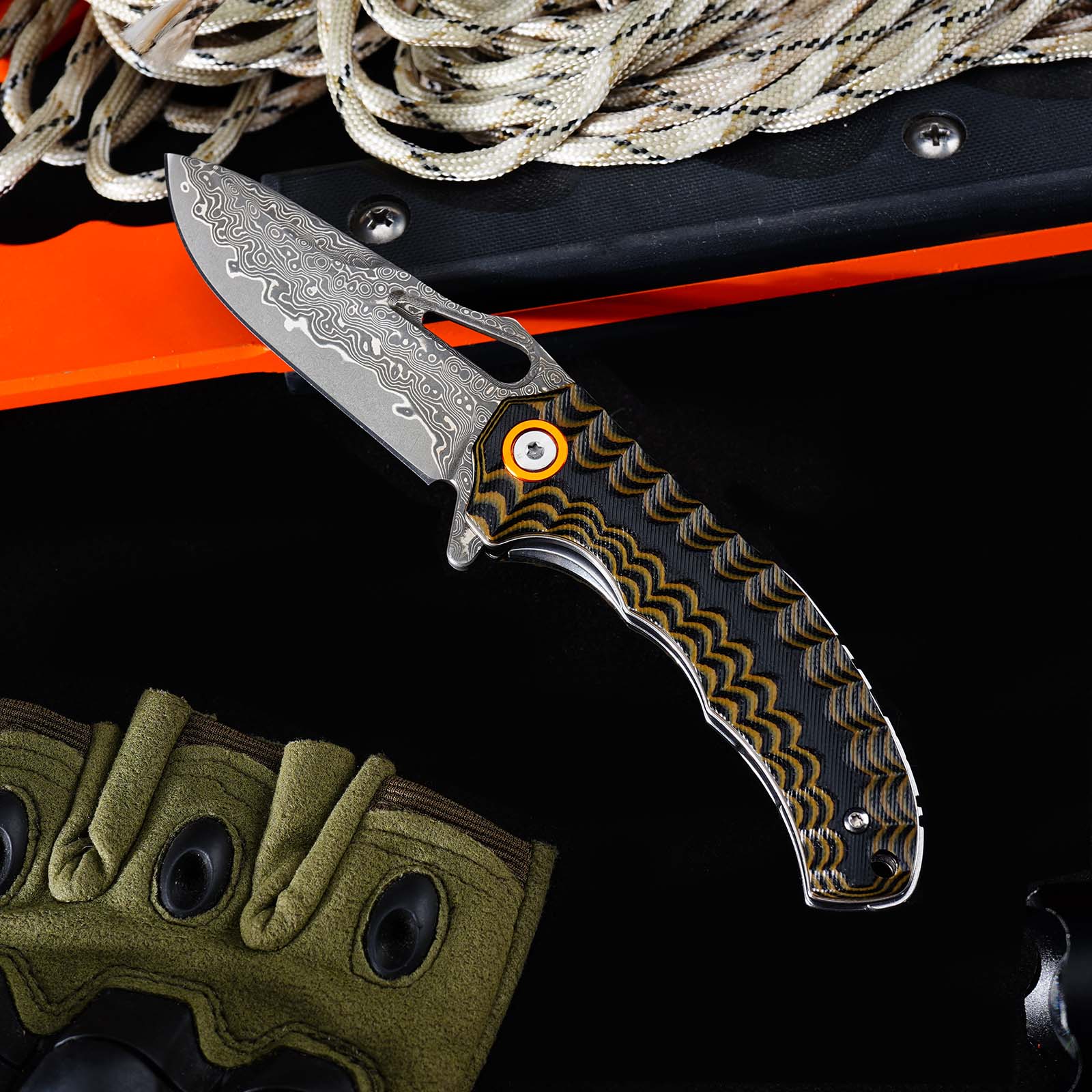Tunafire Knife GT-DM021 2.68&rdquo;Damascus steel Knife Brown Two Color G10 Handle Portable Outdoor Camping Survival Tool
