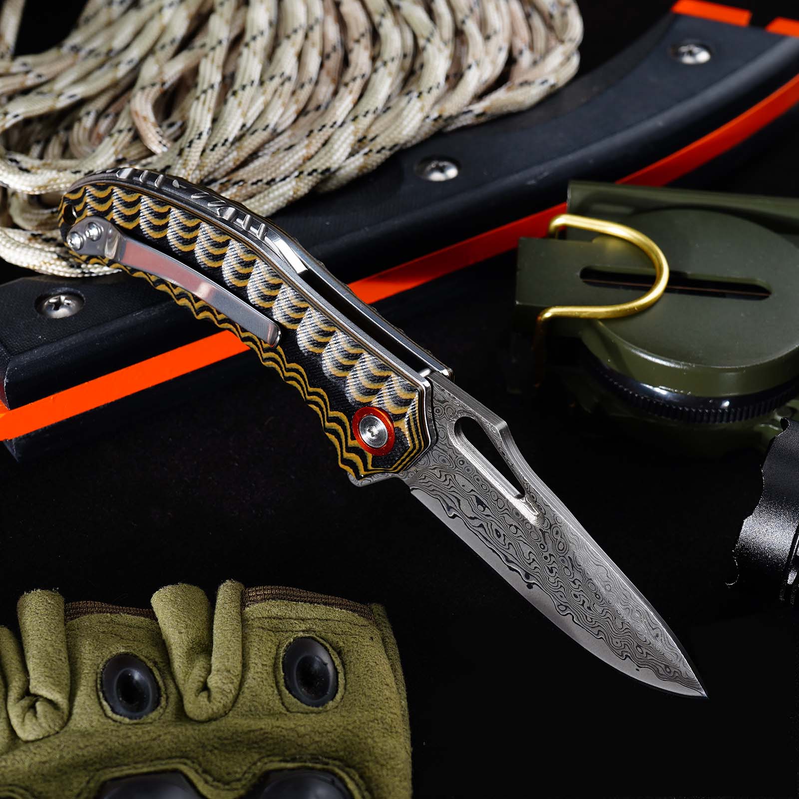 Tunafire Knife GT-DM021 2.68&rdquo;Damascus steel Knife Brown Two Color G10 Handle Portable Outdoor Camping Survival Tool