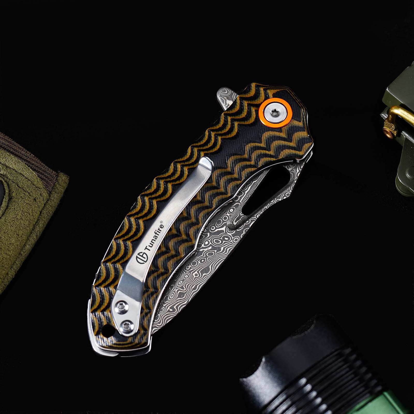 Tunafire Knife GT-DM021 2.68&rdquo;Damascus steel Knife Brown Two Color G10 Handle Portable Outdoor Camping Survival Tool