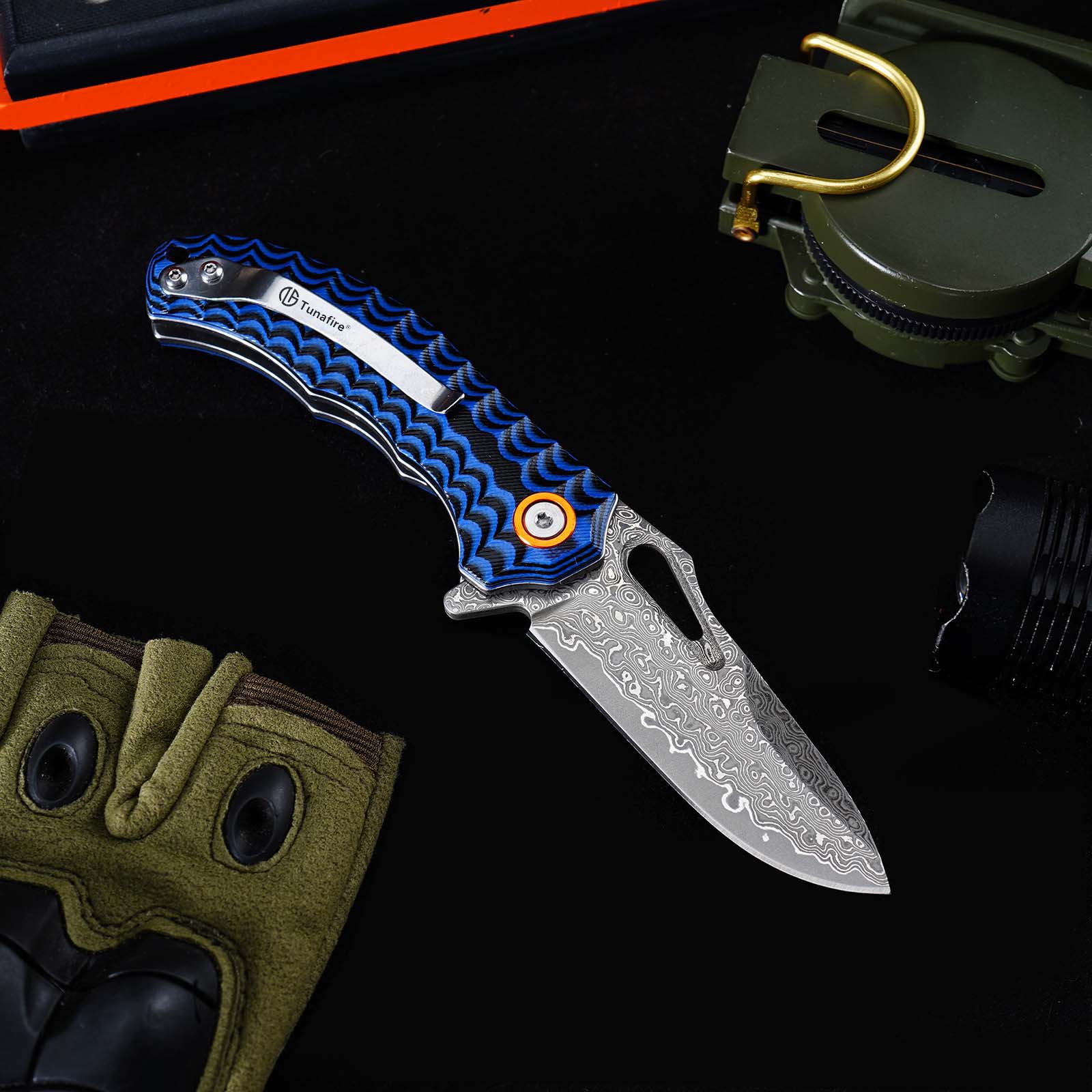 Tunafire Knife GT-DM021 Small 2.68”Damascus Pocket Knife Two Color G10 Grip Portable Outdoor Fishing Utility Tool