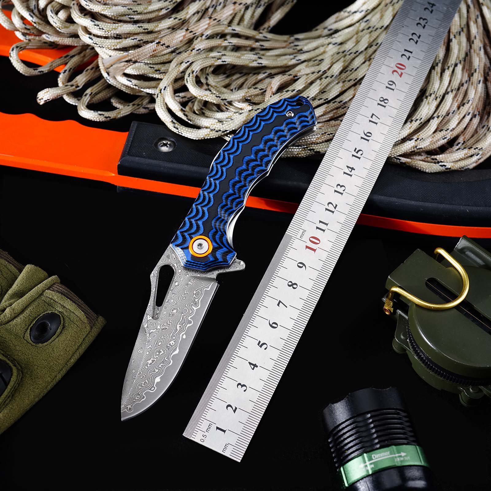 Tunafire Knife GT-DM021 Small 2.68”Damascus Pocket Knife Two Color G10 Grip Portable Outdoor Fishing Utility Tool